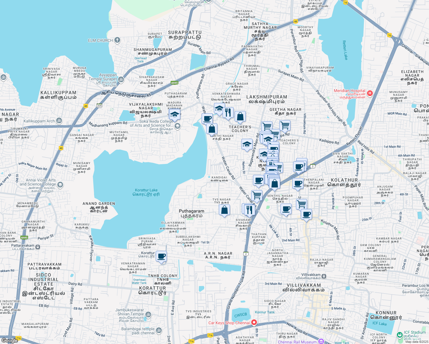map of restaurants, bars, coffee shops, grocery stores, and more near 54 Water Canal Road in Chennai