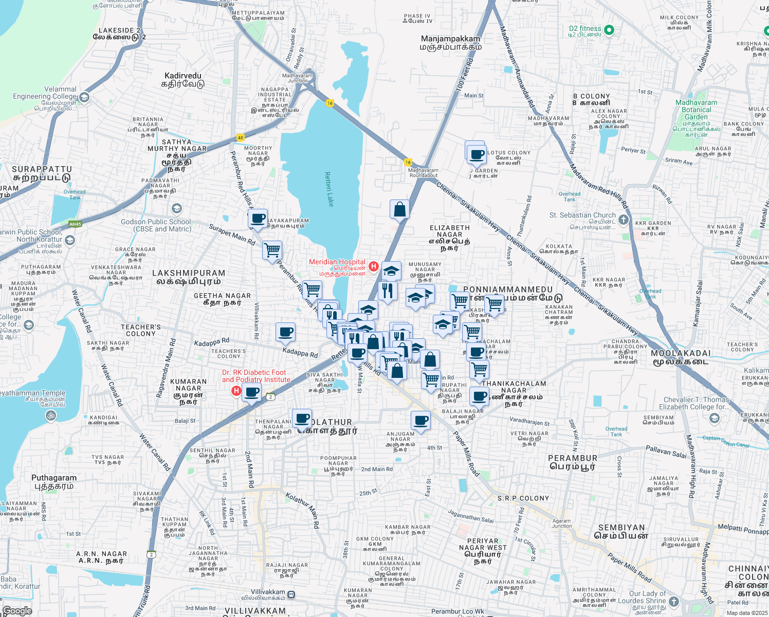map of restaurants, bars, coffee shops, grocery stores, and more near 200 Feet Road in Chennai