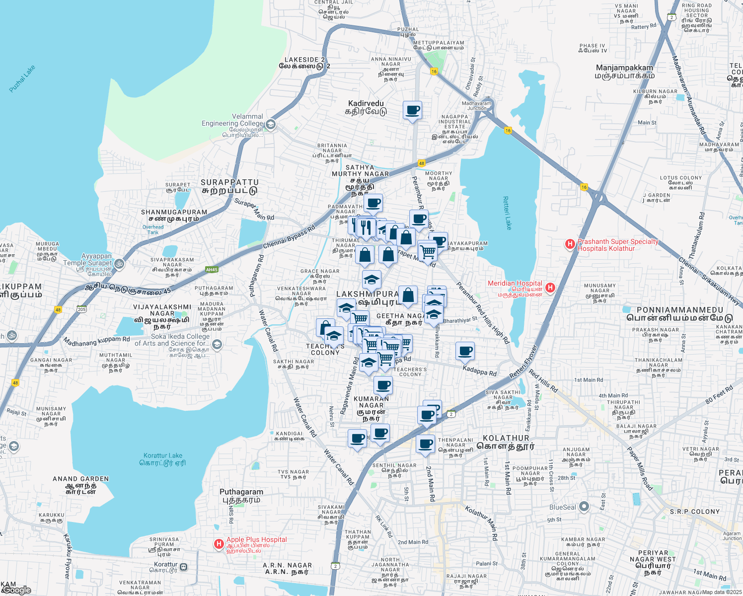 map of restaurants, bars, coffee shops, grocery stores, and more near in Chennai