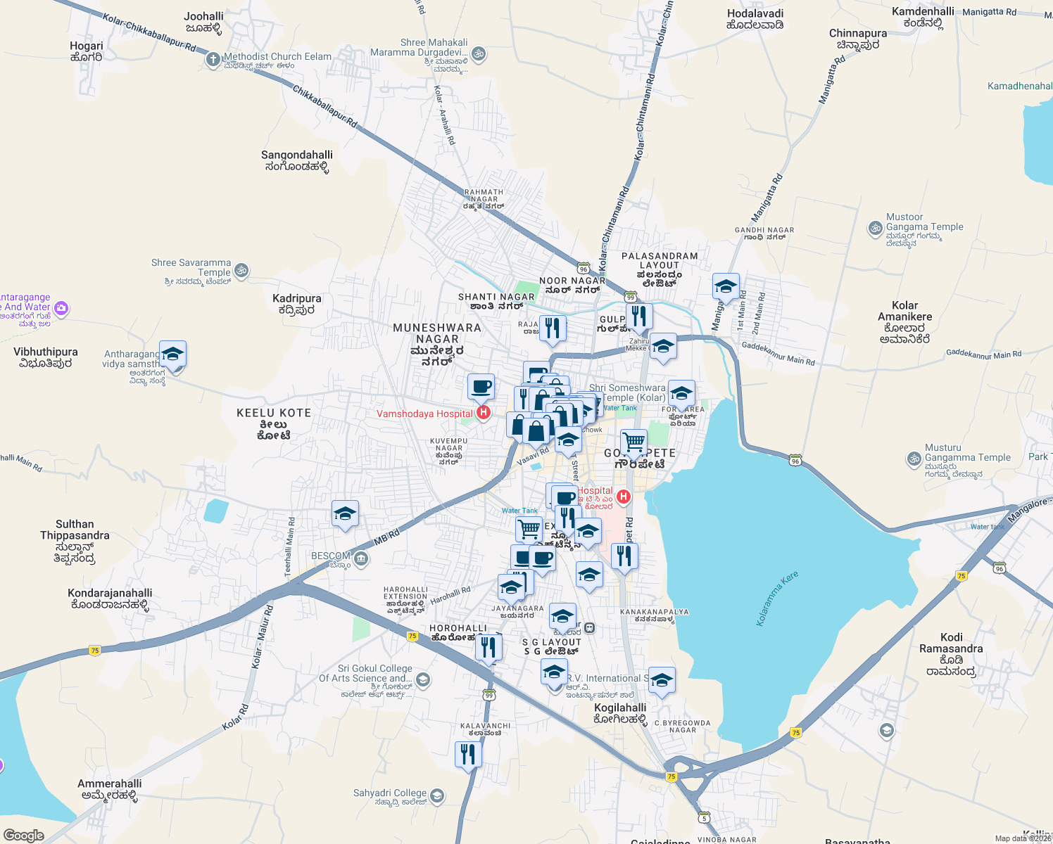 map of restaurants, bars, coffee shops, grocery stores, and more near in Kolar