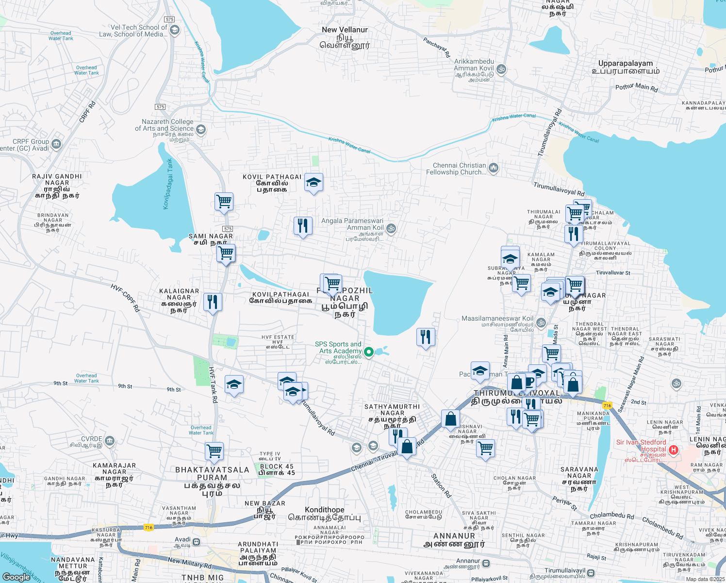map of restaurants, bars, coffee shops, grocery stores, and more near in Avadi