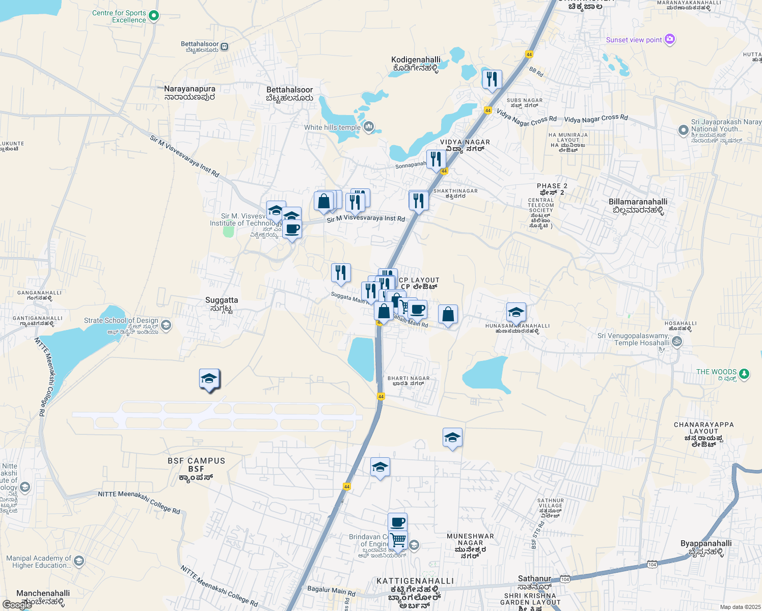 map of restaurants, bars, coffee shops, grocery stores, and more near Bangalore-Hyderabad Highway in Bengaluru