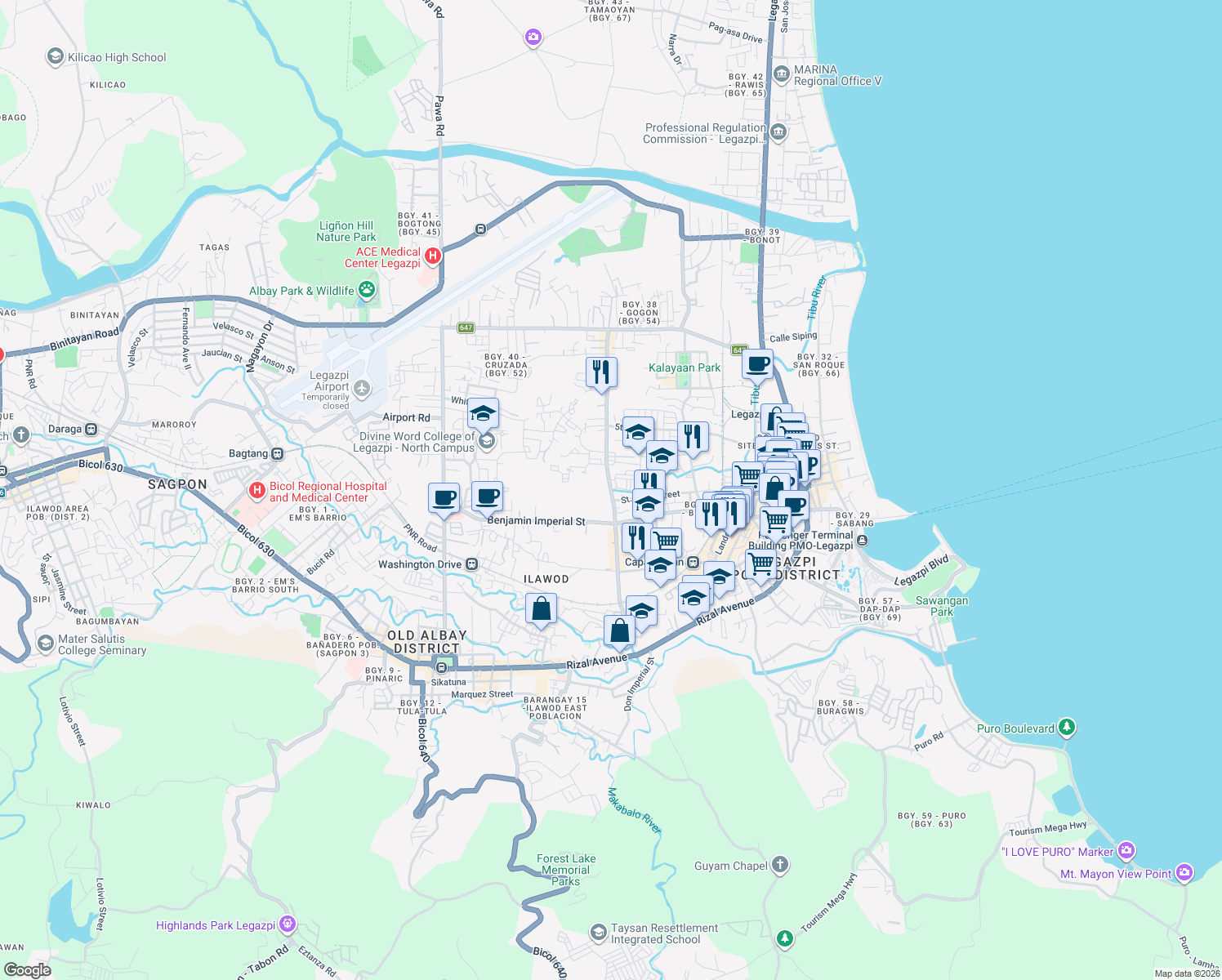 map of restaurants, bars, coffee shops, grocery stores, and more near Tahao Road in Legazpi City