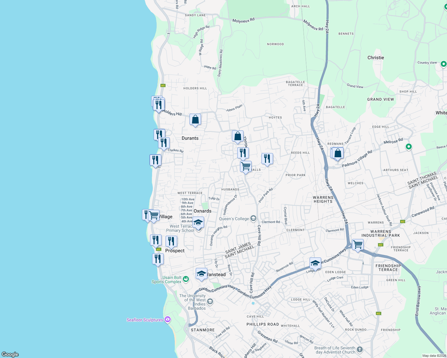 map of restaurants, bars, coffee shops, grocery stores, and more near in Oxnards