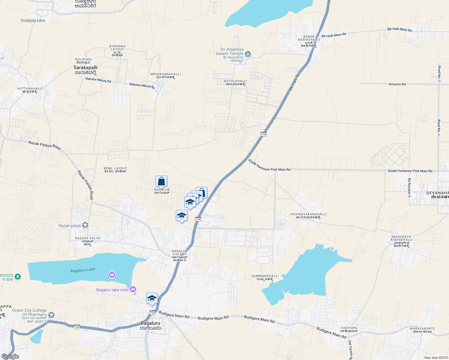 map of restaurants, bars, coffee shops, grocery stores, and more near State Highway 104 in Bangalore