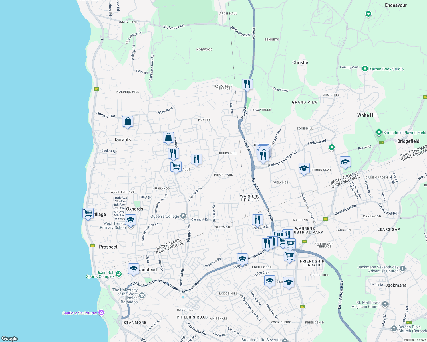 map of restaurants, bars, coffee shops, grocery stores, and more near in Durants