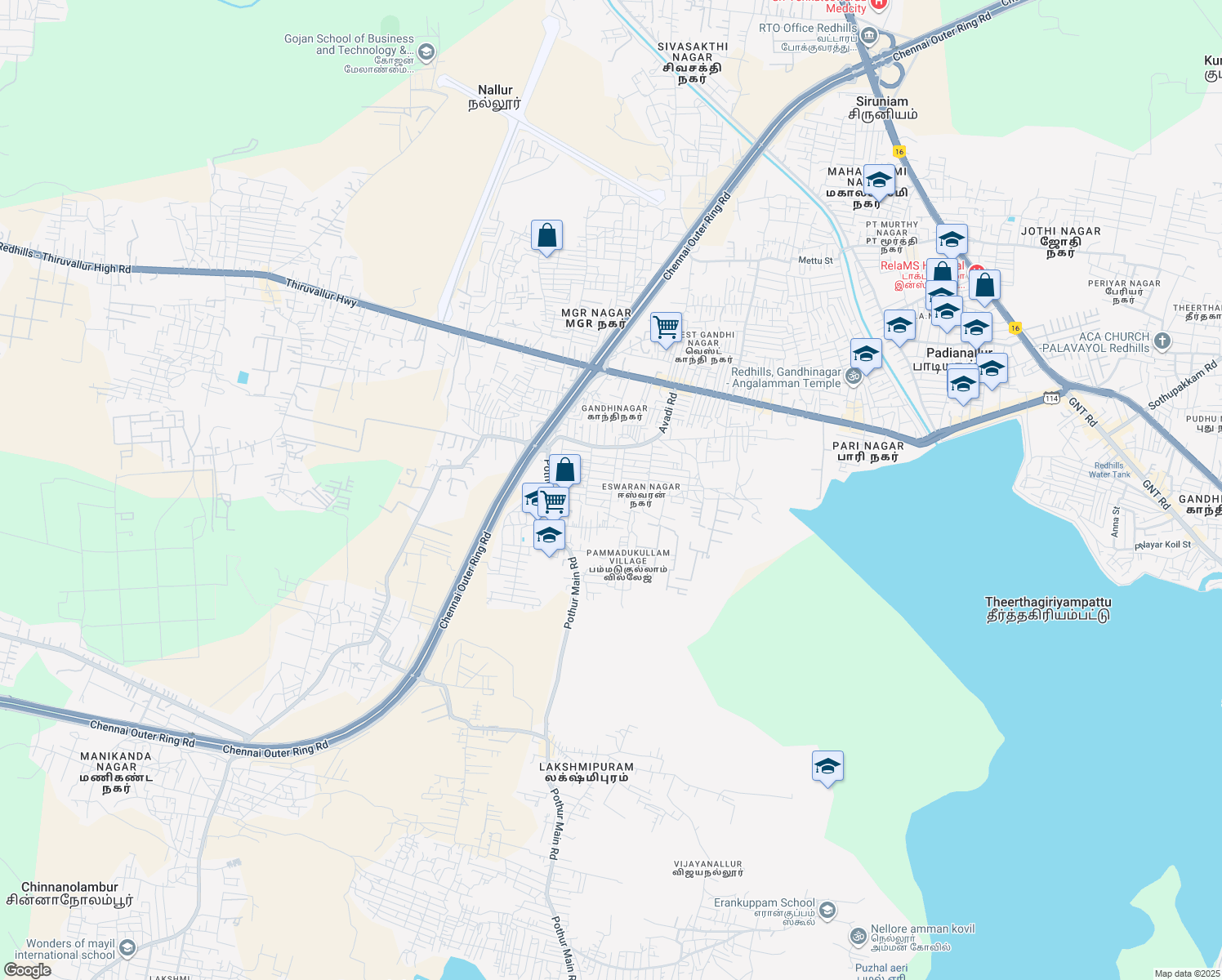 map of restaurants, bars, coffee shops, grocery stores, and more near 1st Main Road in Chennai
