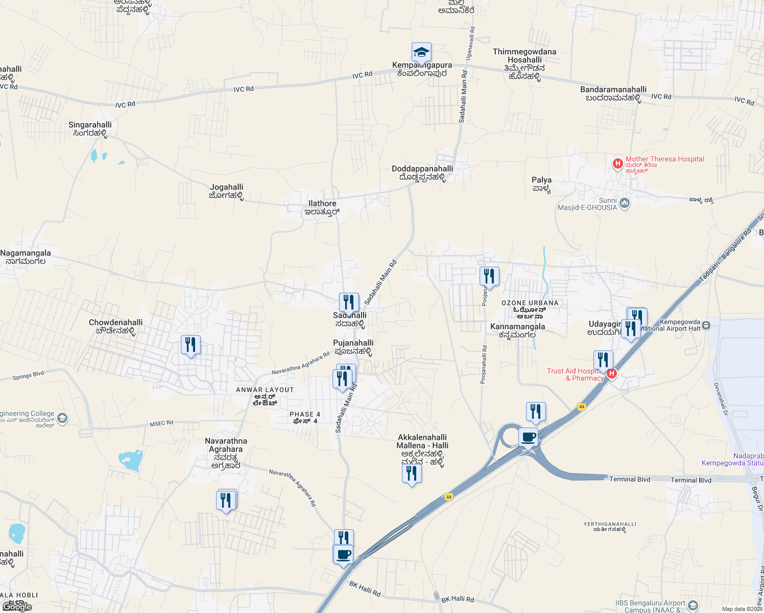 map of restaurants, bars, coffee shops, grocery stores, and more near Sadahalli Main Road in Kannamangala