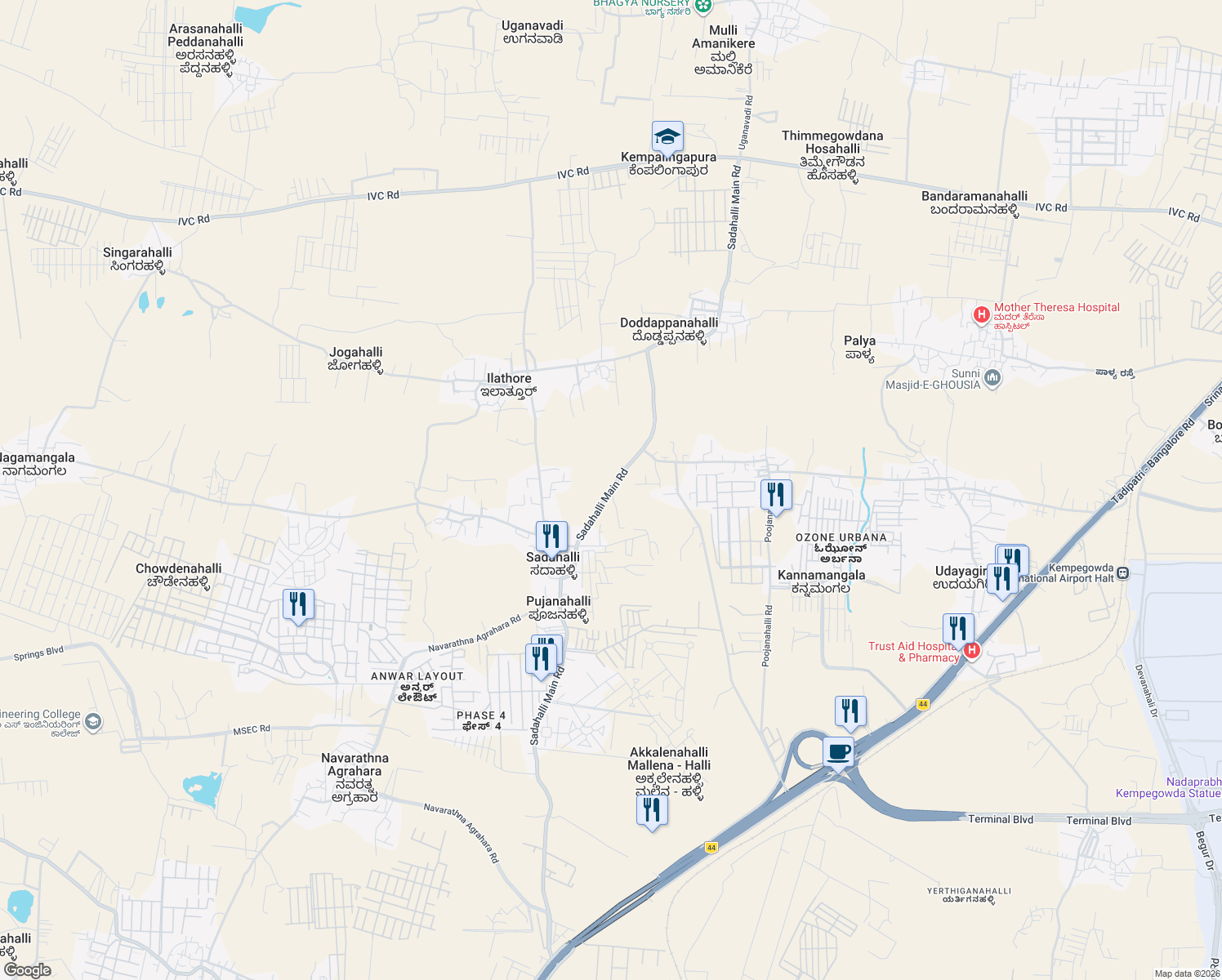 map of restaurants, bars, coffee shops, grocery stores, and more near Sadahalli Main Road in Kannamangala