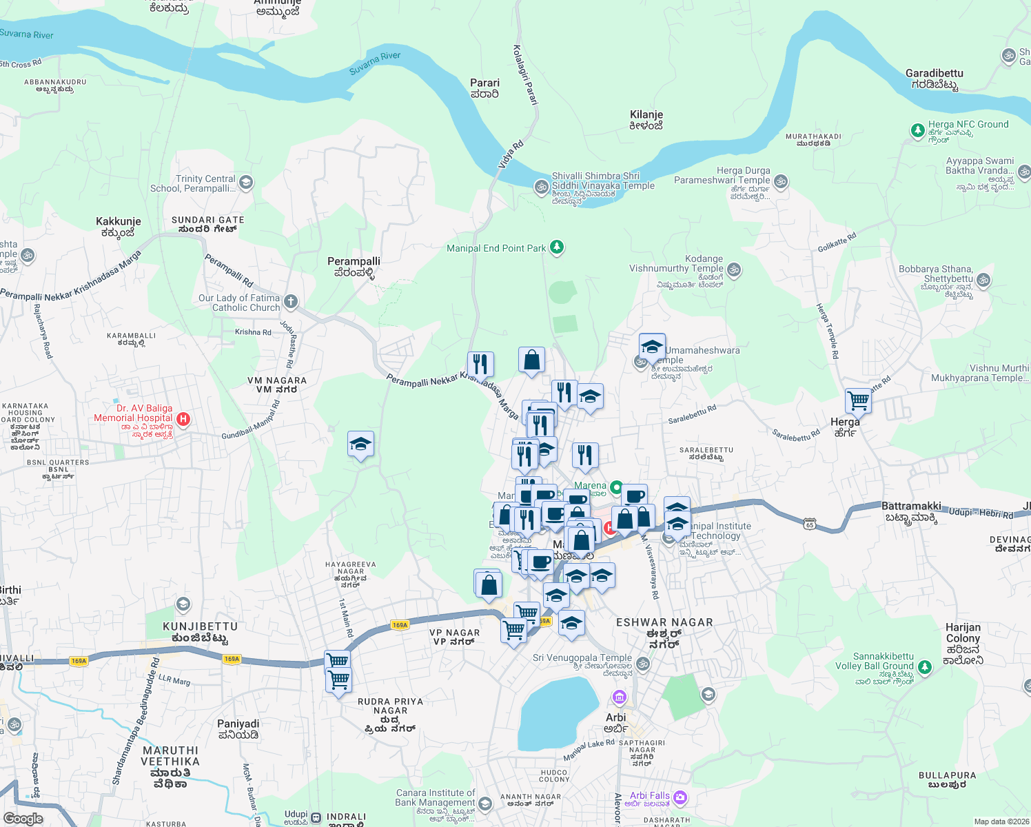 map of restaurants, bars, coffee shops, grocery stores, and more near Perampalli Nekkar Krishnadasa Marga in Manipal