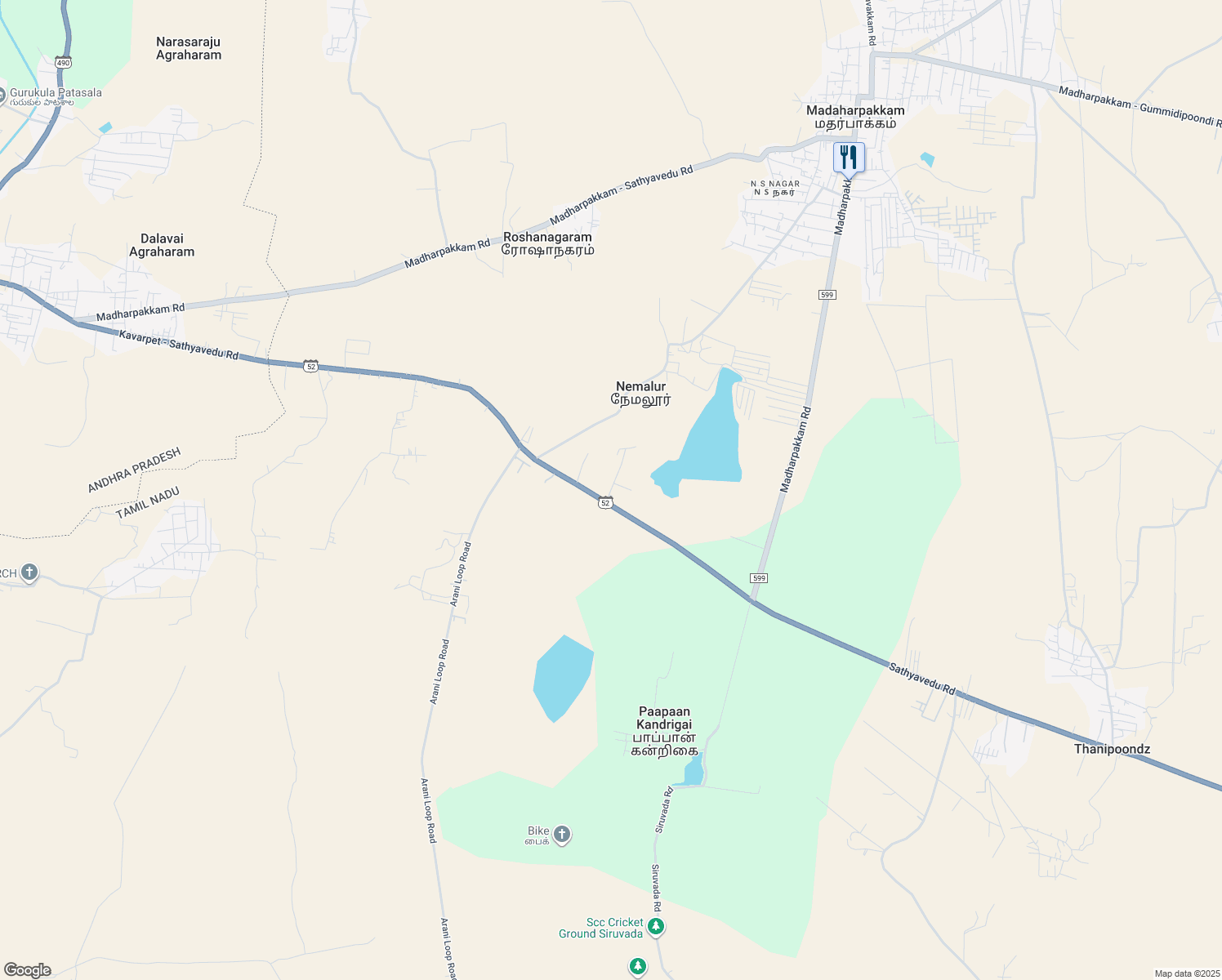 map of restaurants, bars, coffee shops, grocery stores, and more near Puttur Satyavedu Road in Sathyavedu