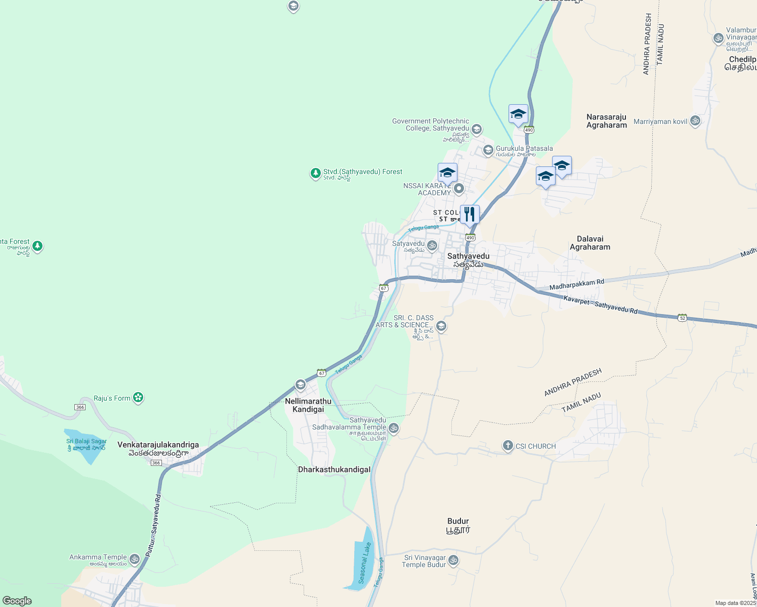 map of restaurants, bars, coffee shops, grocery stores, and more near Puttur Satyavedu Road in Sathyavedu
