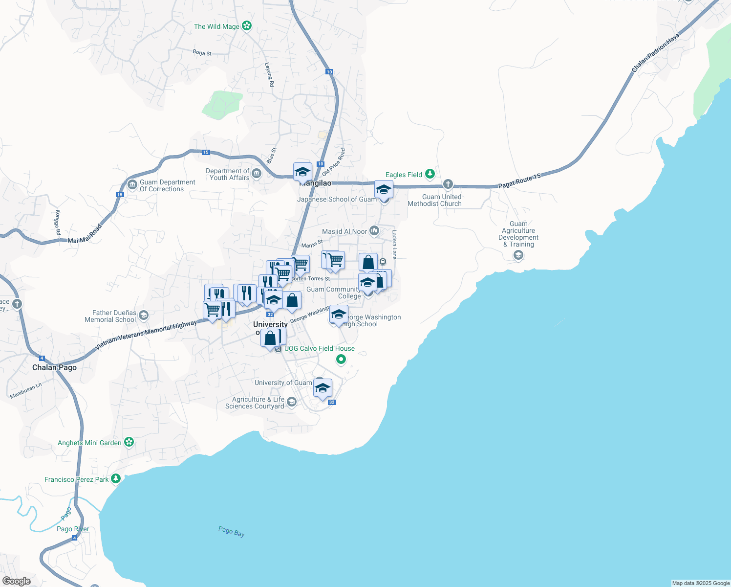 map of restaurants, bars, coffee shops, grocery stores, and more near in Mangilao