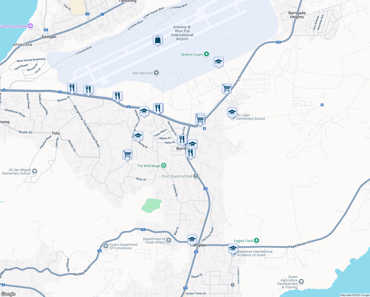 map of restaurants, bars, coffee shops, grocery stores, and more near in Barrigada