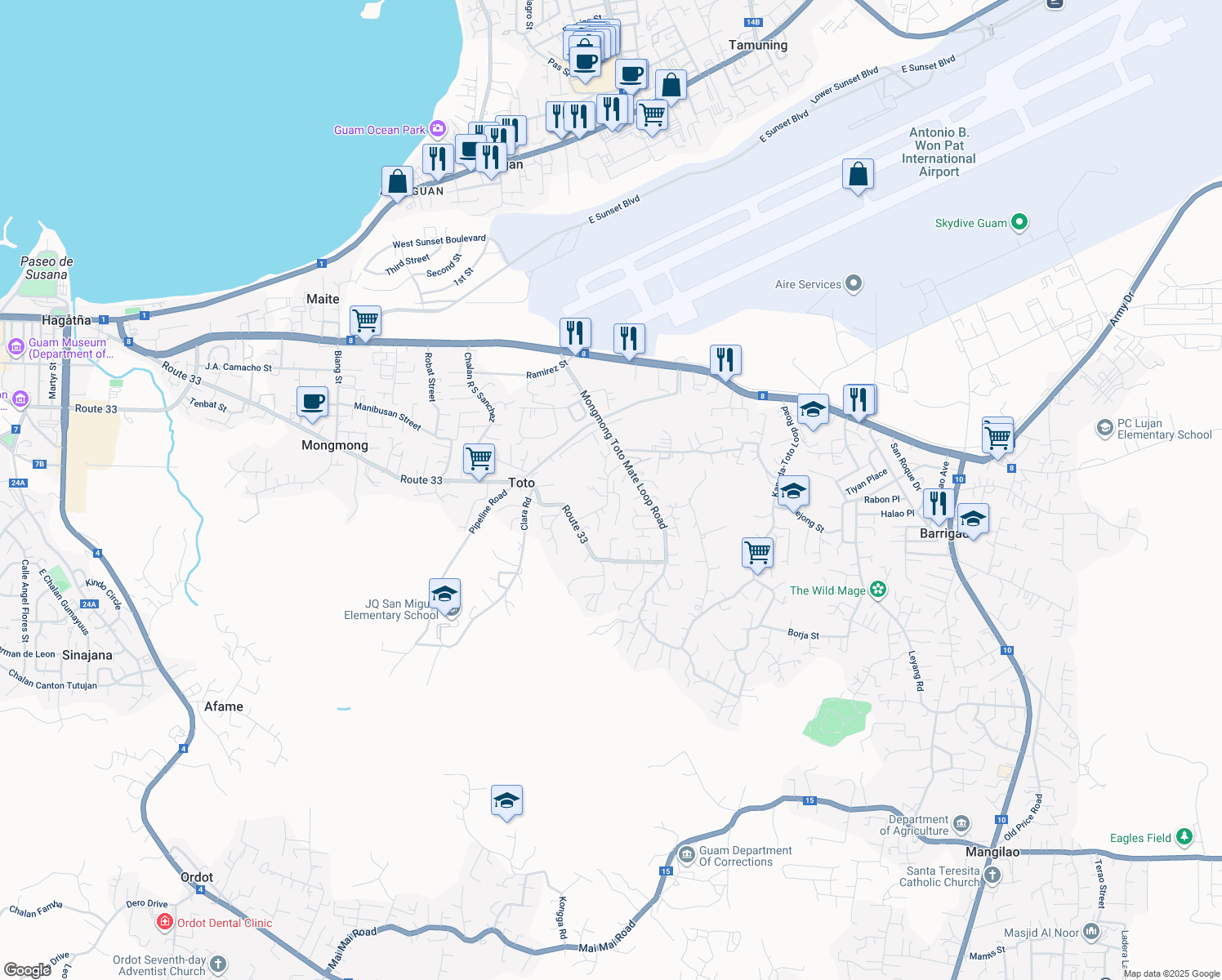map of restaurants, bars, coffee shops, grocery stores, and more near in MongMong-Toto-Maite