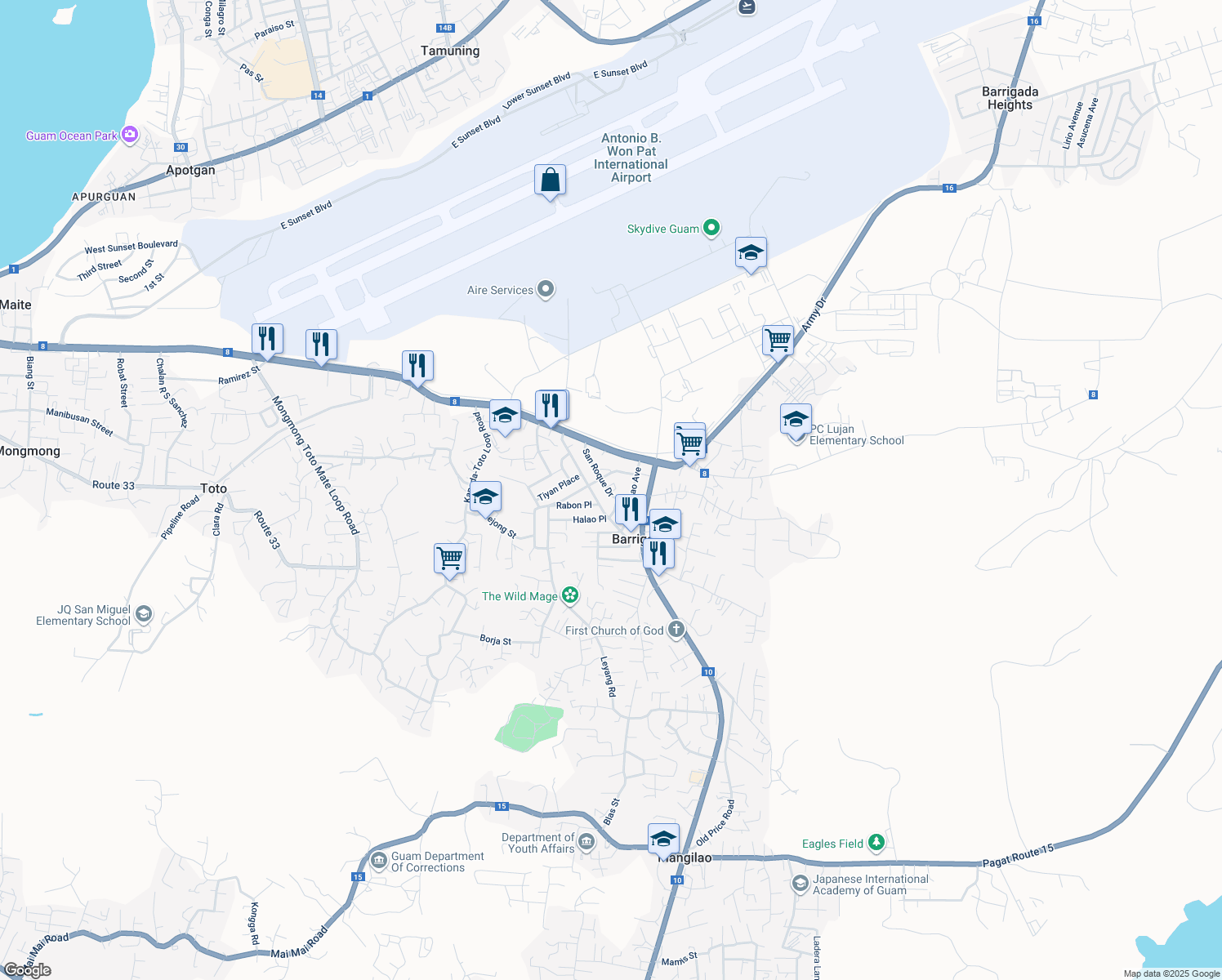 map of restaurants, bars, coffee shops, grocery stores, and more near in Barrigada