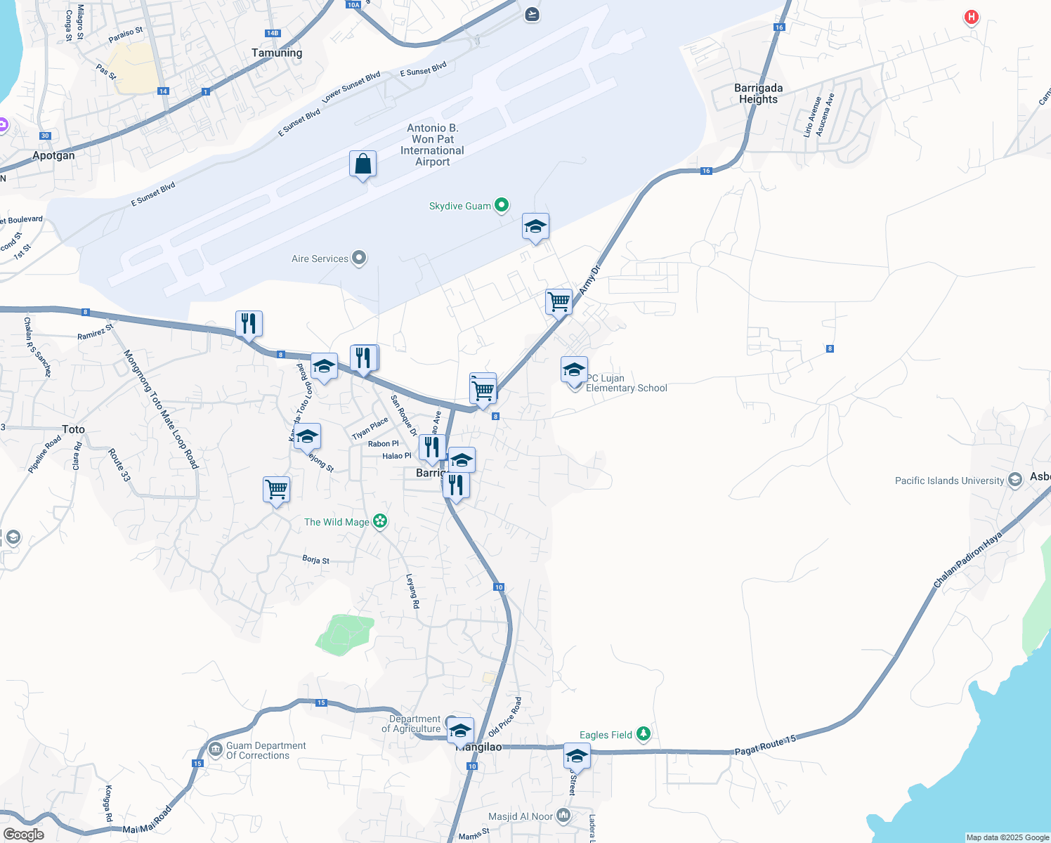 map of restaurants, bars, coffee shops, grocery stores, and more near in Barrigada