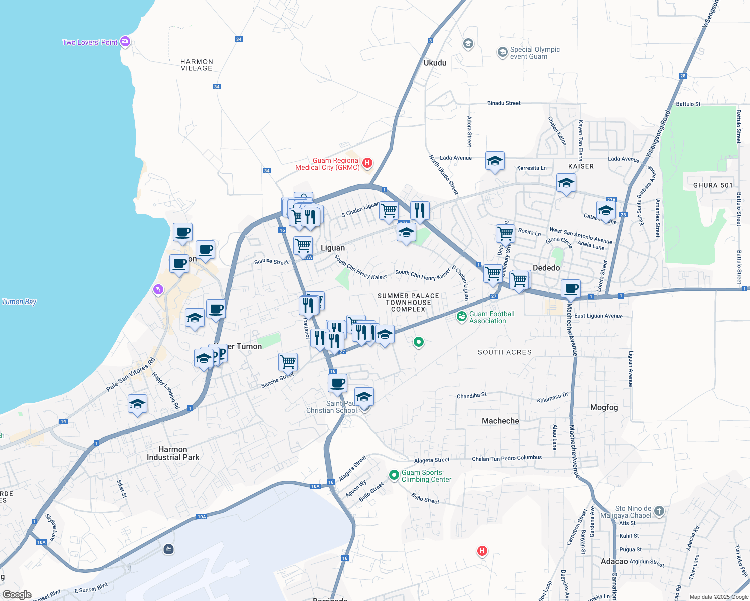 map of restaurants, bars, coffee shops, grocery stores, and more near in Dededo