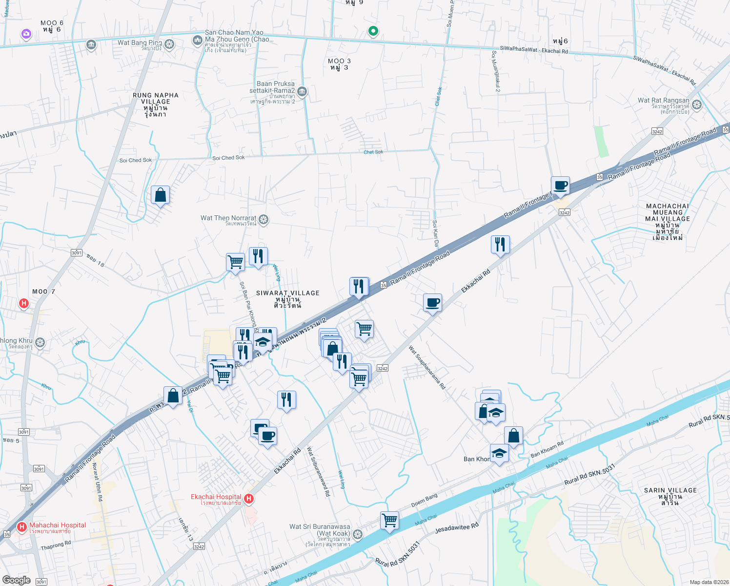 map of restaurants, bars, coffee shops, grocery stores, and more near Rama II Road in Tambon Khok Kham