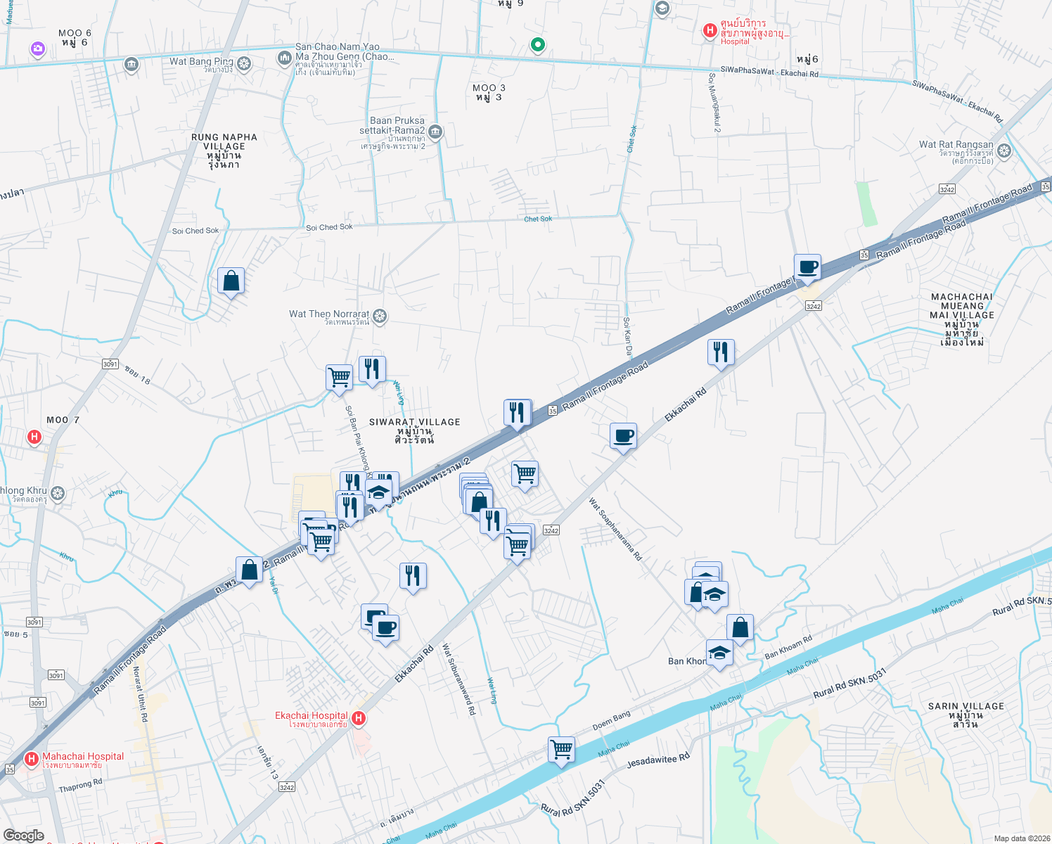 map of restaurants, bars, coffee shops, grocery stores, and more near Rama II Road in Tambon Khok Kham