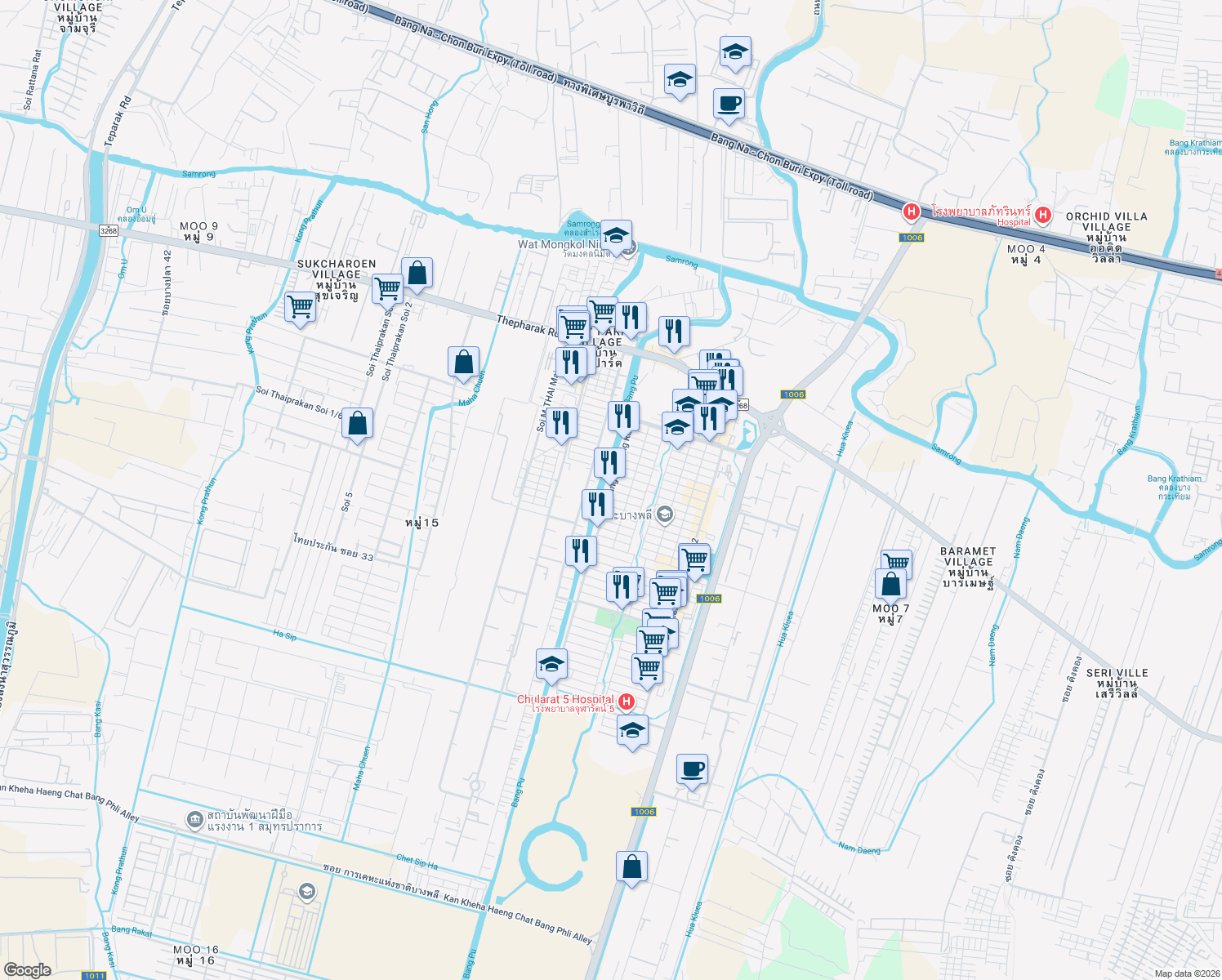 map of restaurants, bars, coffee shops, grocery stores, and more near Soi Mueang Mai Bang Phli in Tambon Bang Sao Thong