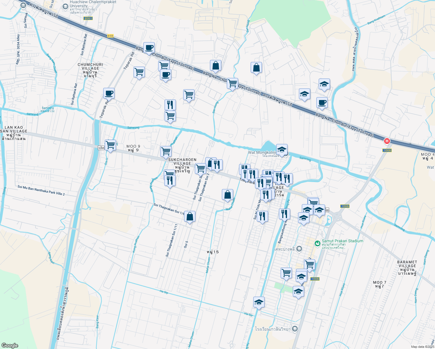 map of restaurants, bars, coffee shops, grocery stores, and more near Thepharak Road in Bang Sao Thong