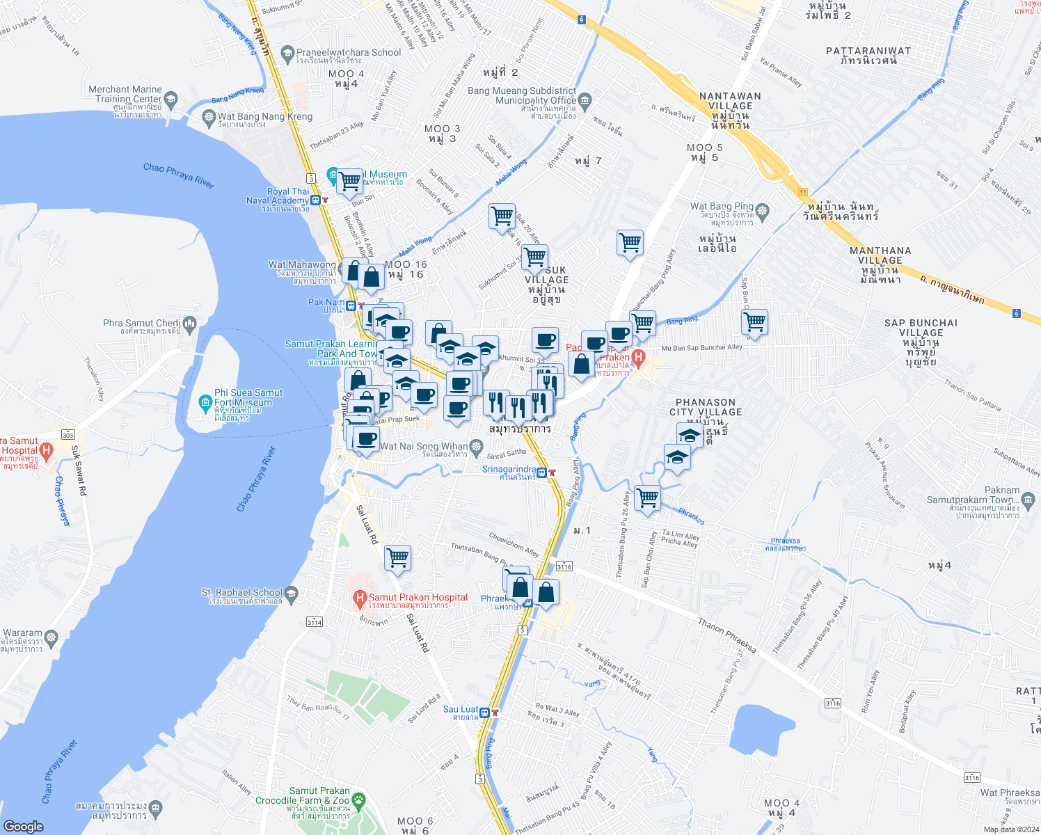 map of restaurants, bars, coffee shops, grocery stores, and more near in Samut Prakan