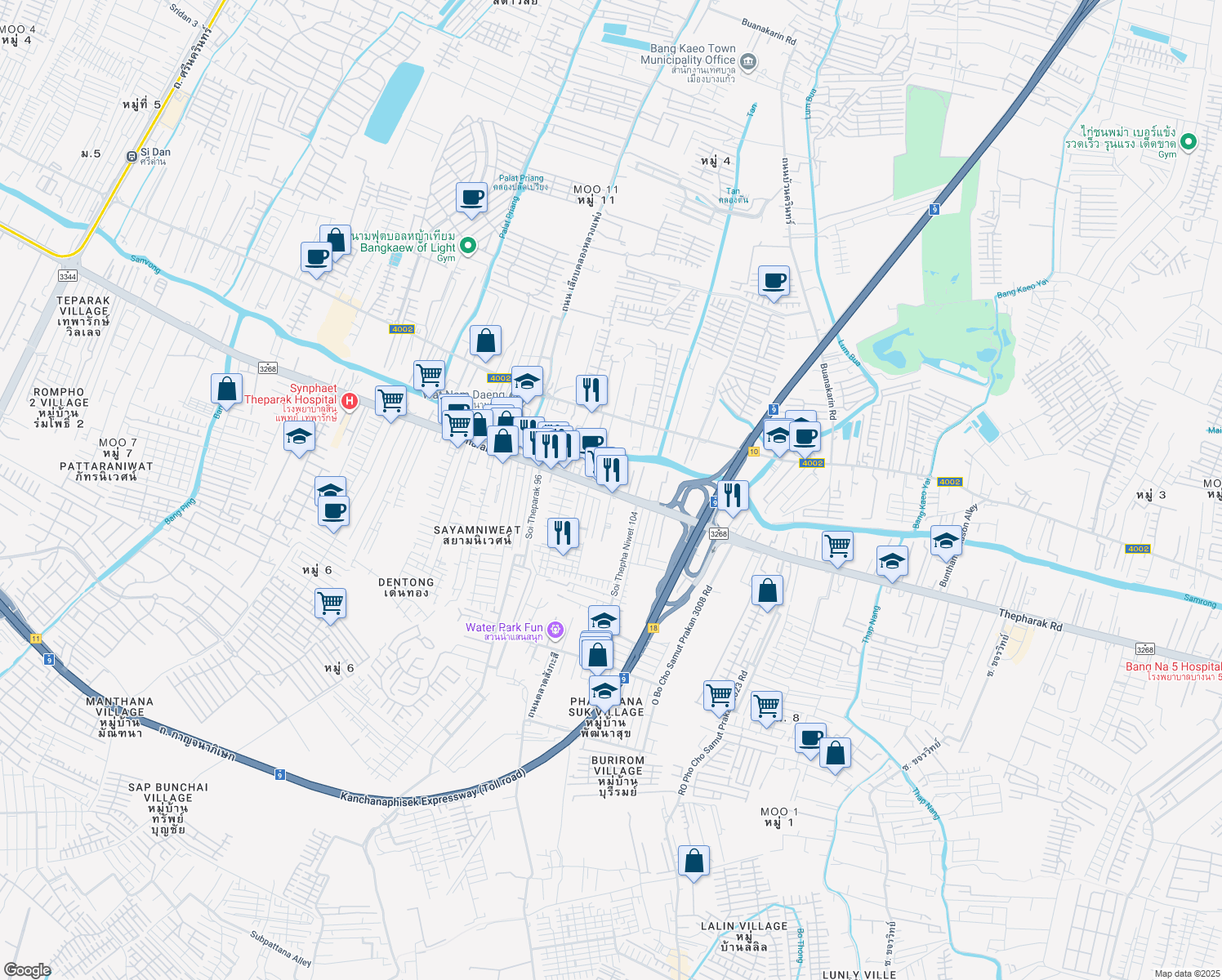map of restaurants, bars, coffee shops, grocery stores, and more near Thepharak Road in Tambon Thepharak
