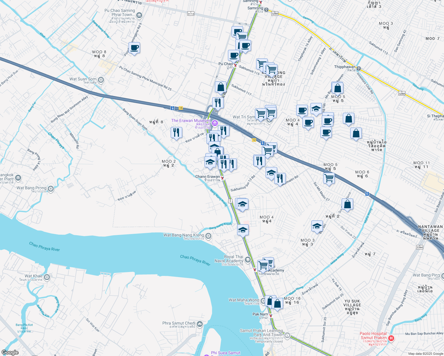map of restaurants, bars, coffee shops, grocery stores, and more near 66 Sukhumvit Road in Amphoe Mueang Samut Prakan