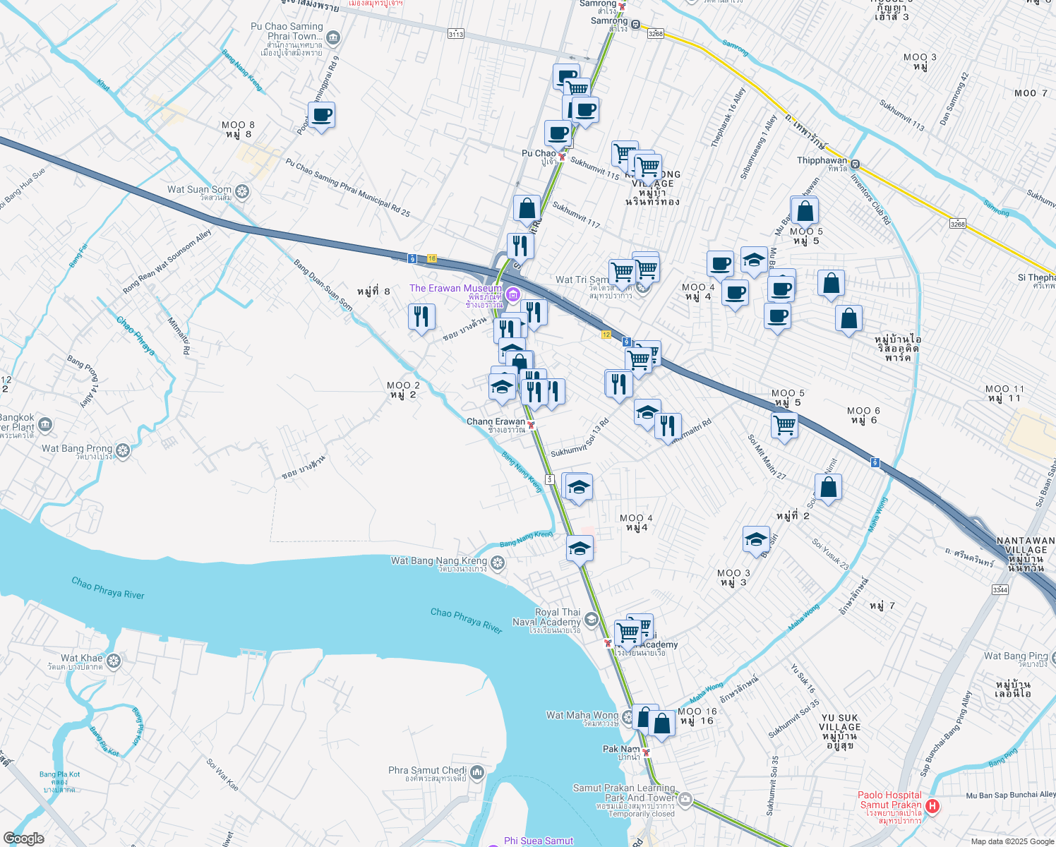 map of restaurants, bars, coffee shops, grocery stores, and more near 66 Sukhumvit Road in Amphoe Mueang Samut Prakan