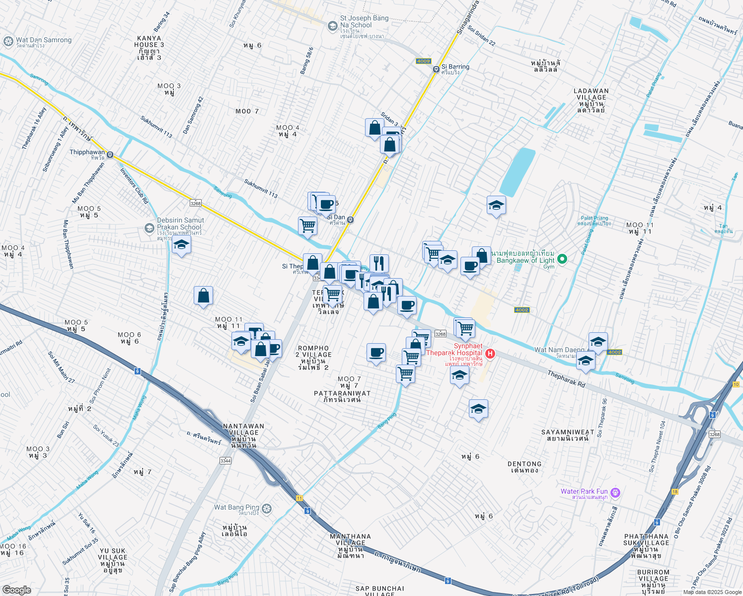 map of restaurants, bars, coffee shops, grocery stores, and more near Thepharak Road in Tambon Thepharak