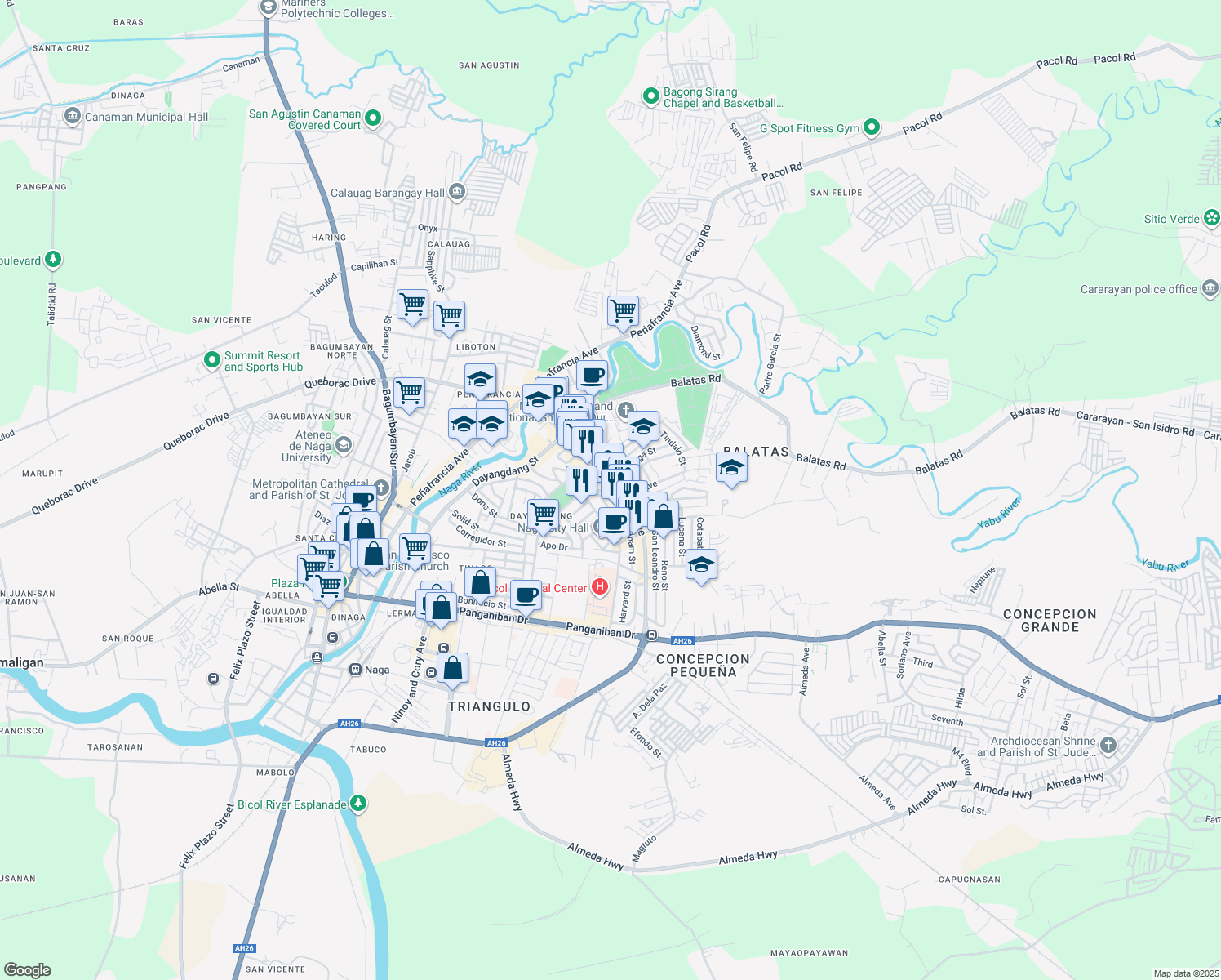 map of restaurants, bars, coffee shops, grocery stores, and more near Magsaysay Avenue in Naga City