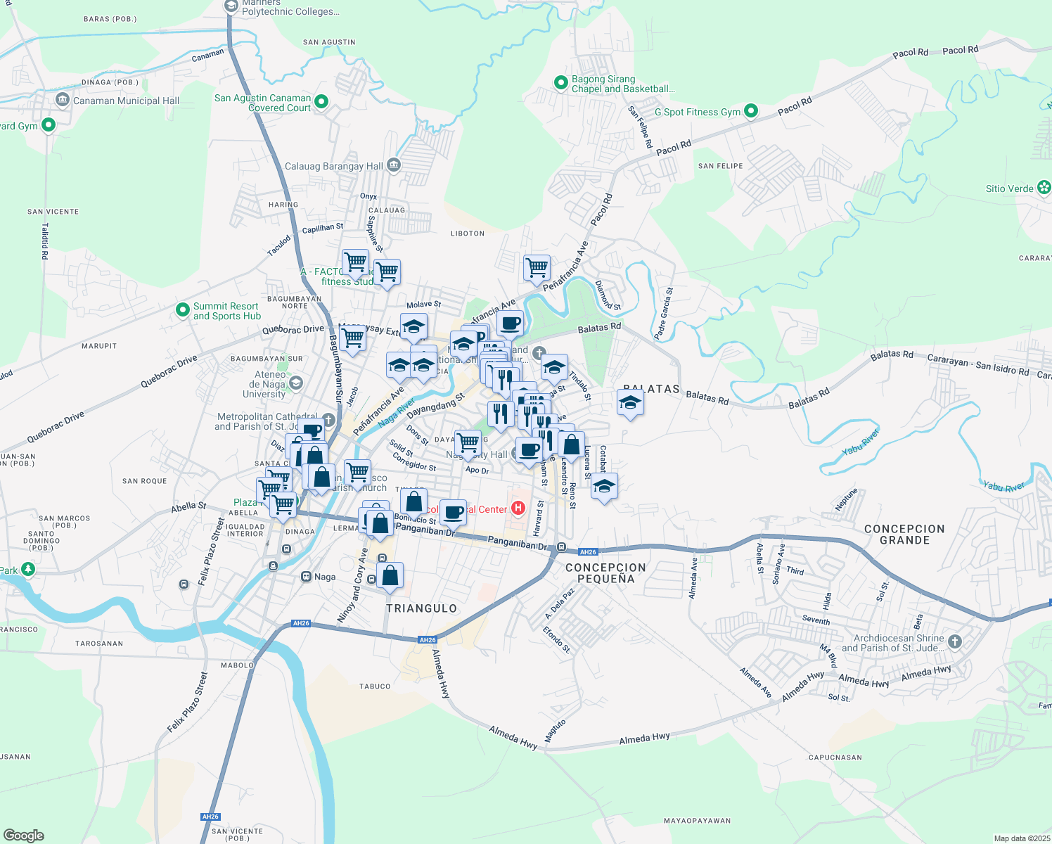 map of restaurants, bars, coffee shops, grocery stores, and more near Magsaysay Avenue in Naga City