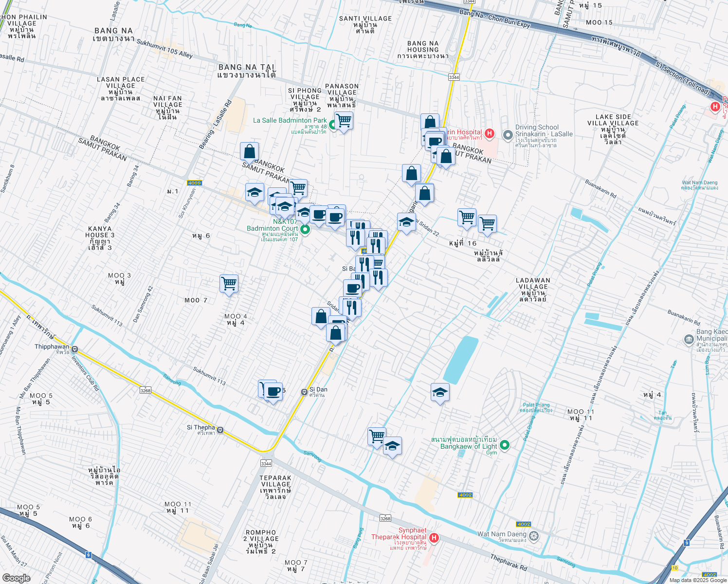 map of restaurants, bars, coffee shops, grocery stores, and more near Thanon Srinagarindra in Tambon Sam Rong Nua