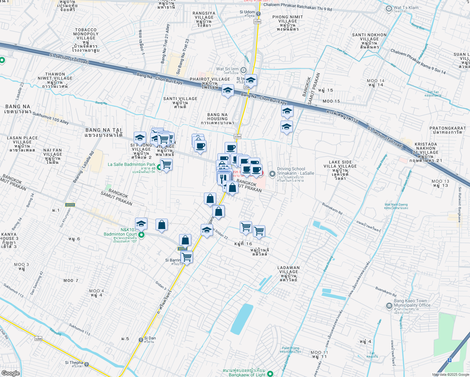 map of restaurants, bars, coffee shops, grocery stores, and more near Thanon Srinagarindra in Tambon Sam Rong Nua