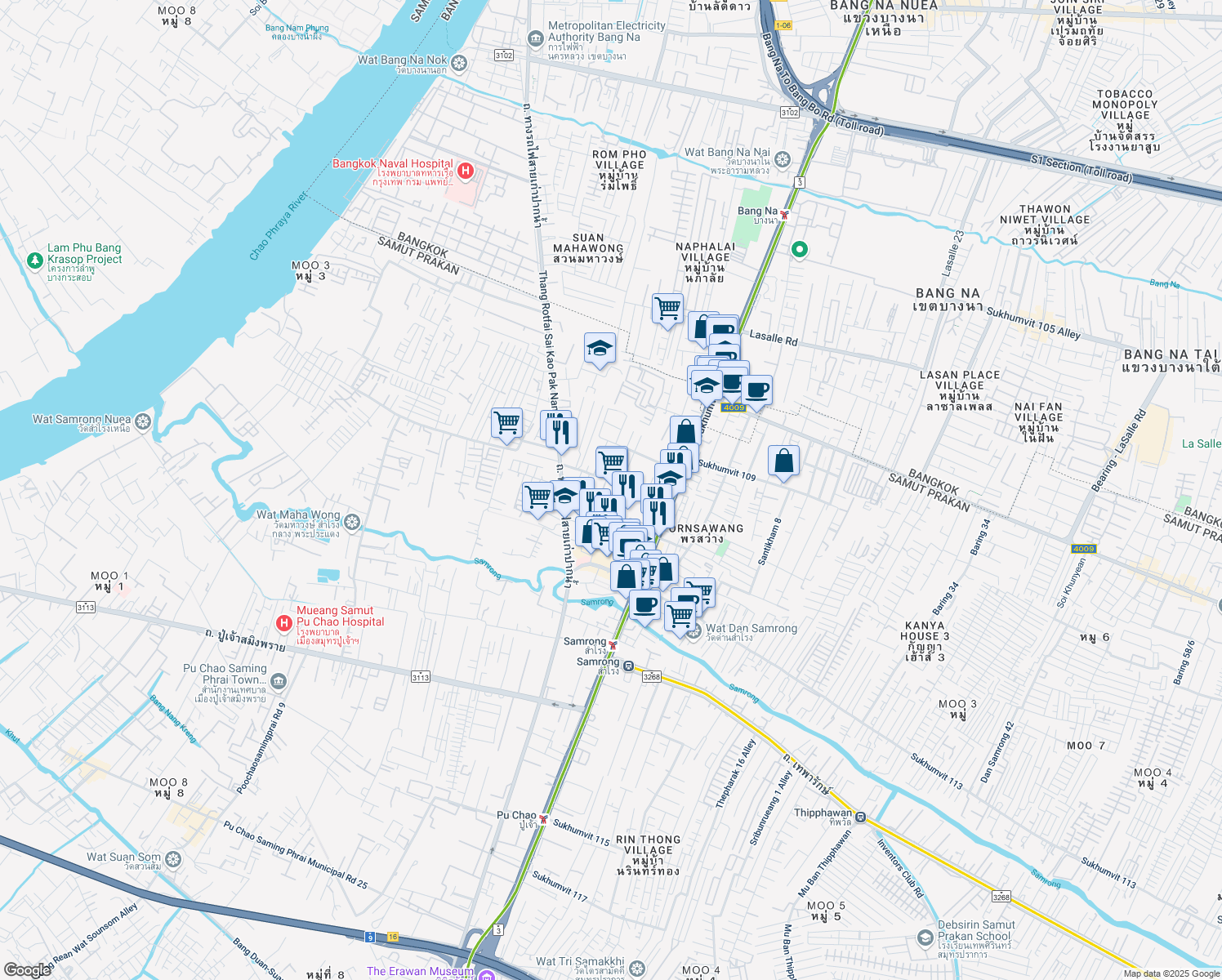 map of restaurants, bars, coffee shops, grocery stores, and more near 3590 ตำบล สำโรงเหนือ in Tambon Sam Rong Nua