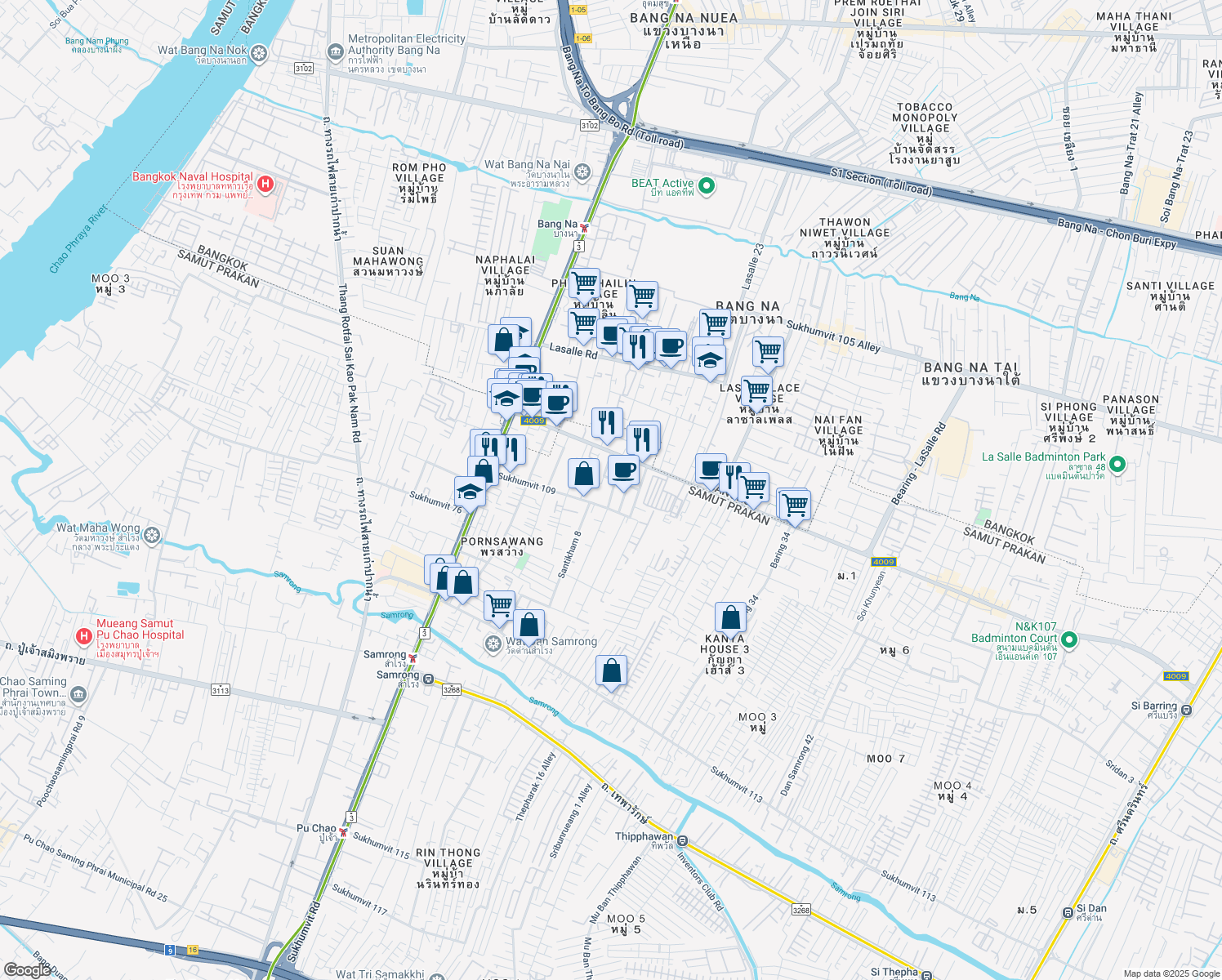 map of restaurants, bars, coffee shops, grocery stores, and more near Santikham 11 in Tambon Sam Rong Nua