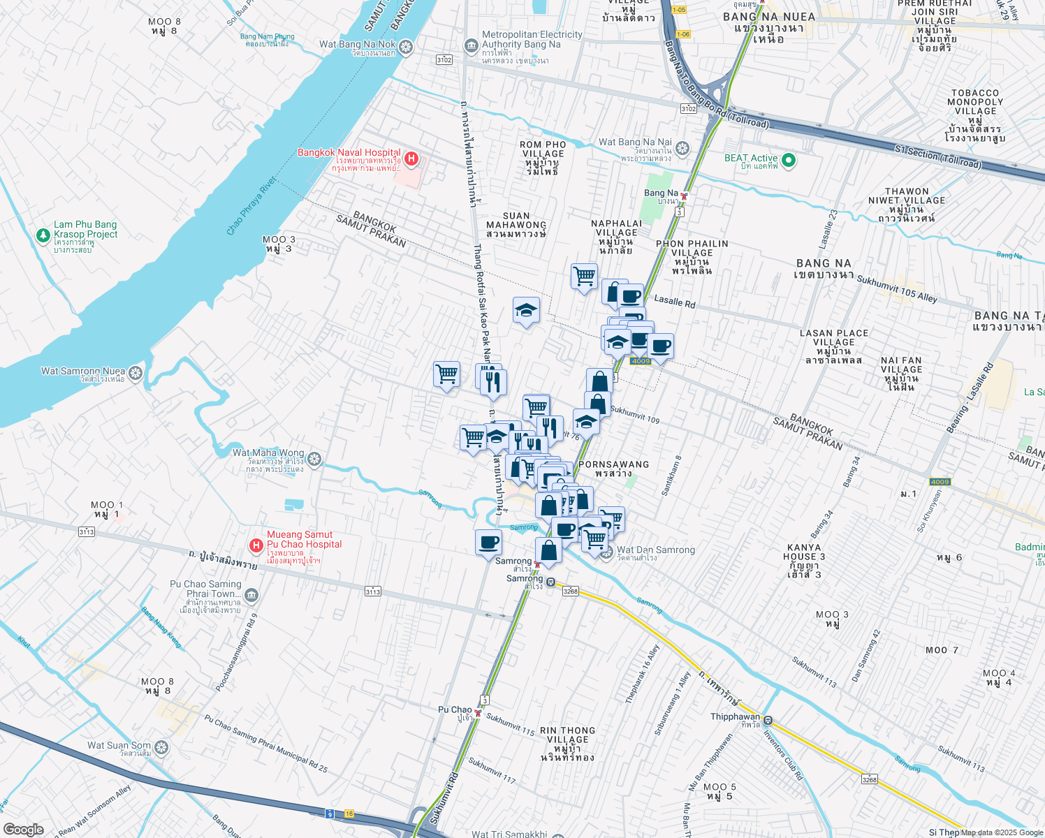map of restaurants, bars, coffee shops, grocery stores, and more near 765 Soi Sukhumvit 76 in Tambon Sam Rong Nua