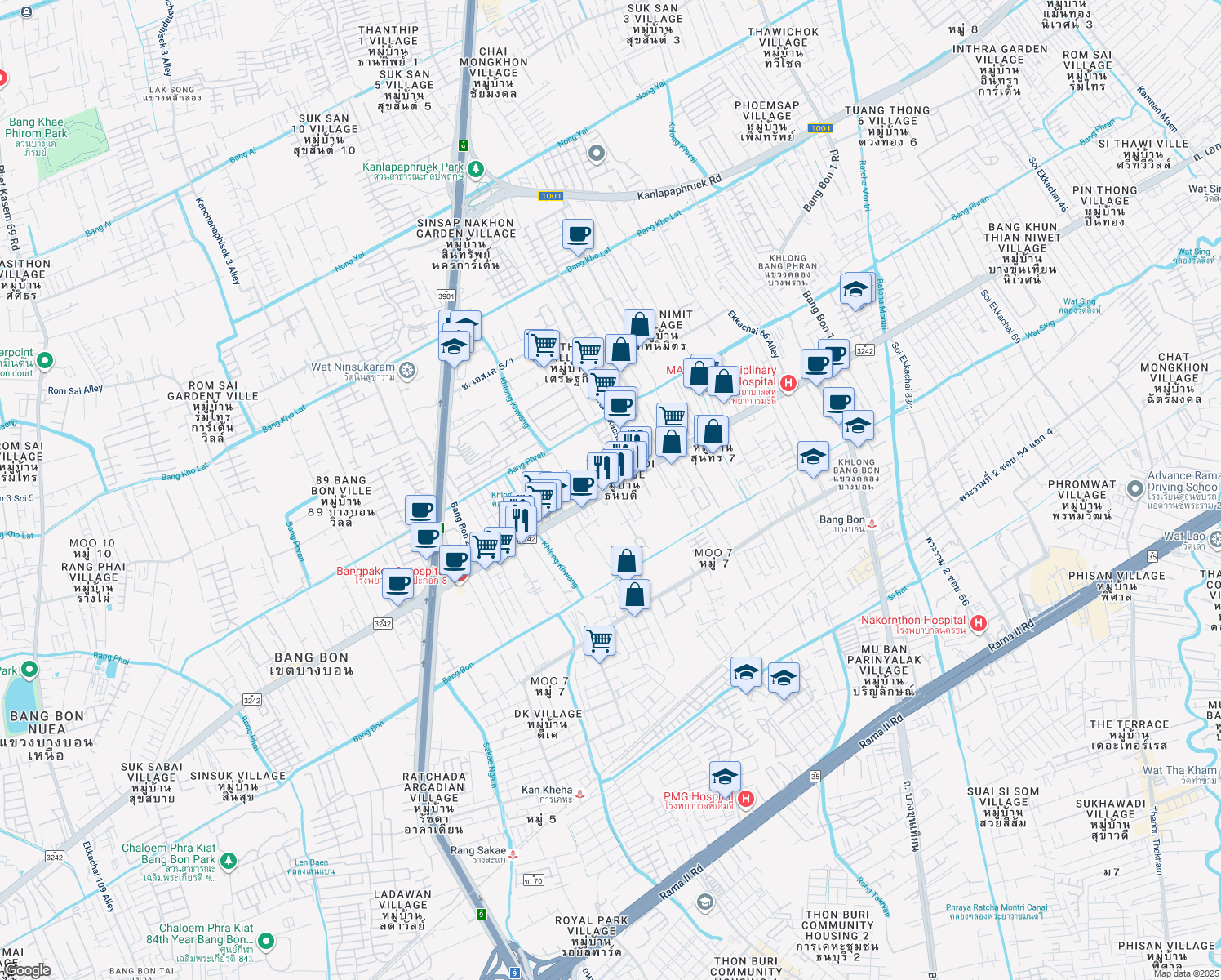 map of restaurants, bars, coffee shops, grocery stores, and more near Ekkachai Road in Bangkok