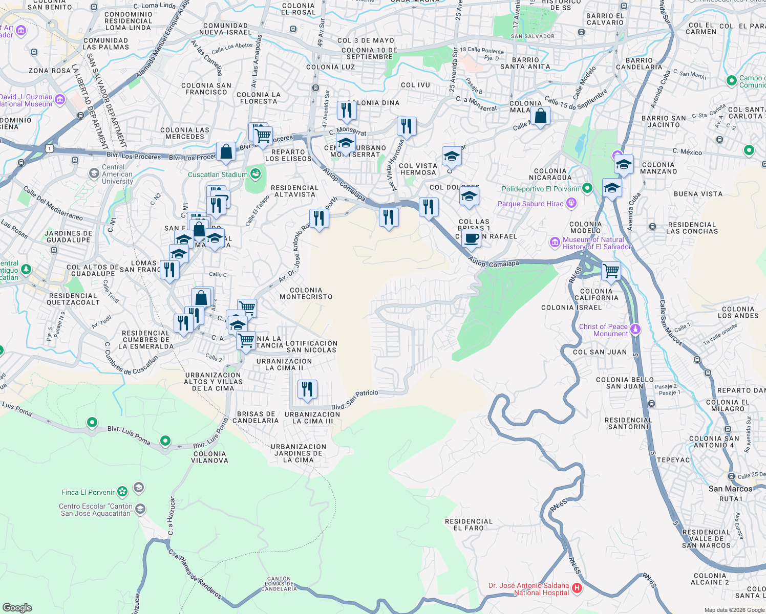 map of restaurants, bars, coffee shops, grocery stores, and more near Calle Antigua a Huizucar in San Salvador