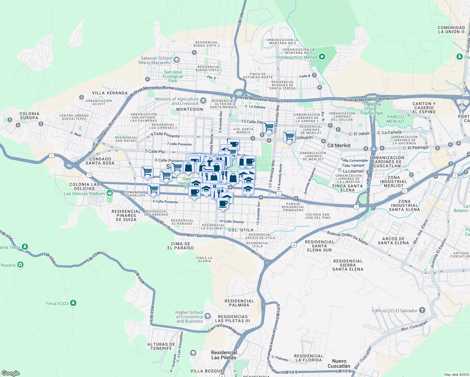 map of restaurants, bars, coffee shops, grocery stores, and more near 2-1 Carretera Panamericana in Santa Tecla