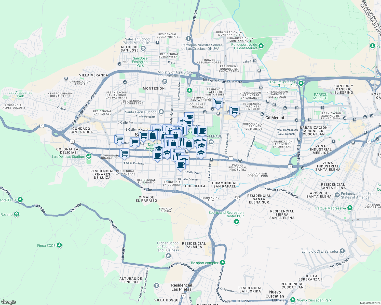 map of restaurants, bars, coffee shops, grocery stores, and more near 2-1 Carretera Panamericana in Santa Tecla