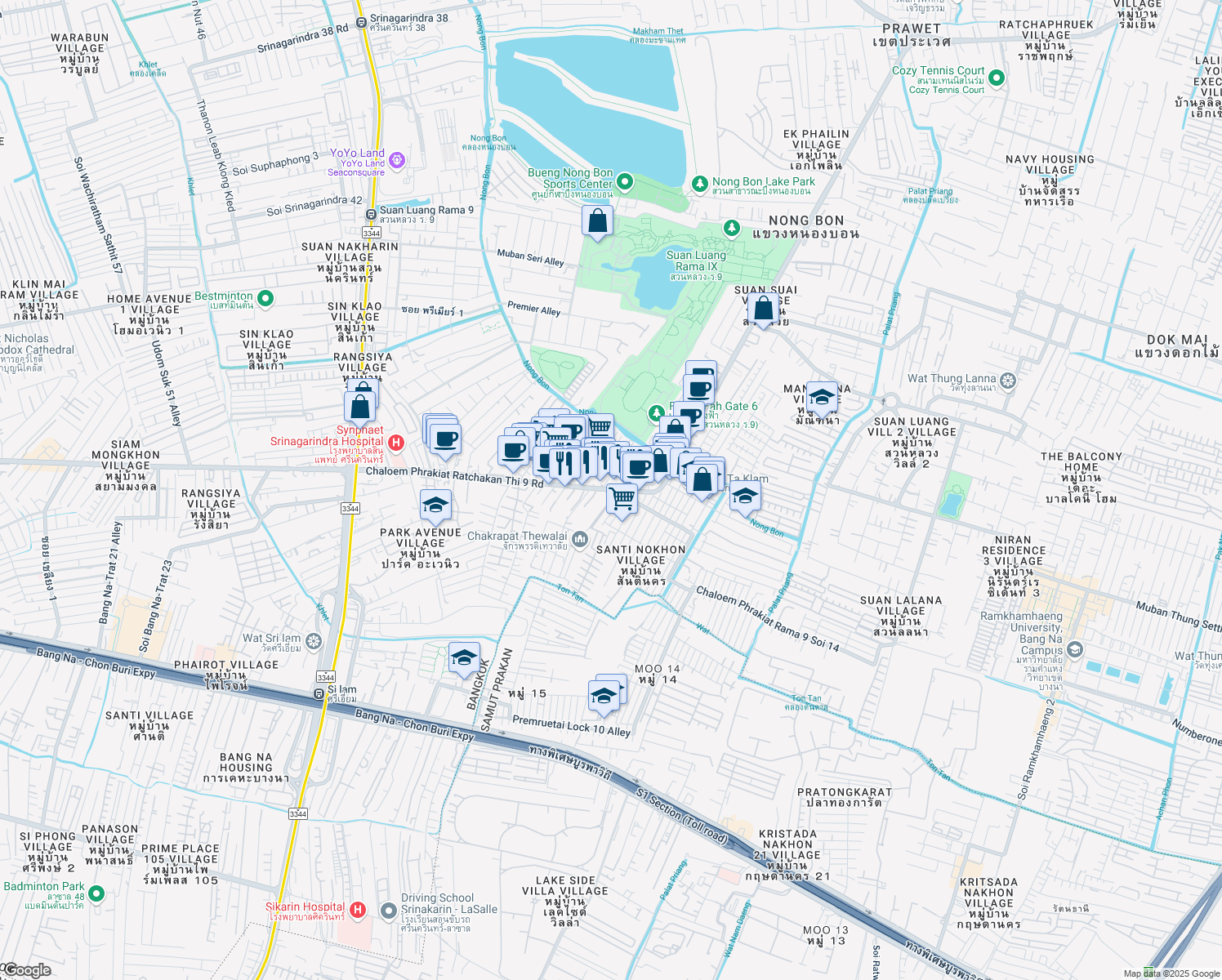 map of restaurants, bars, coffee shops, grocery stores, and more near Thanon Chaloem Phrakiat Ratchakan Thi 9 in Bangkok