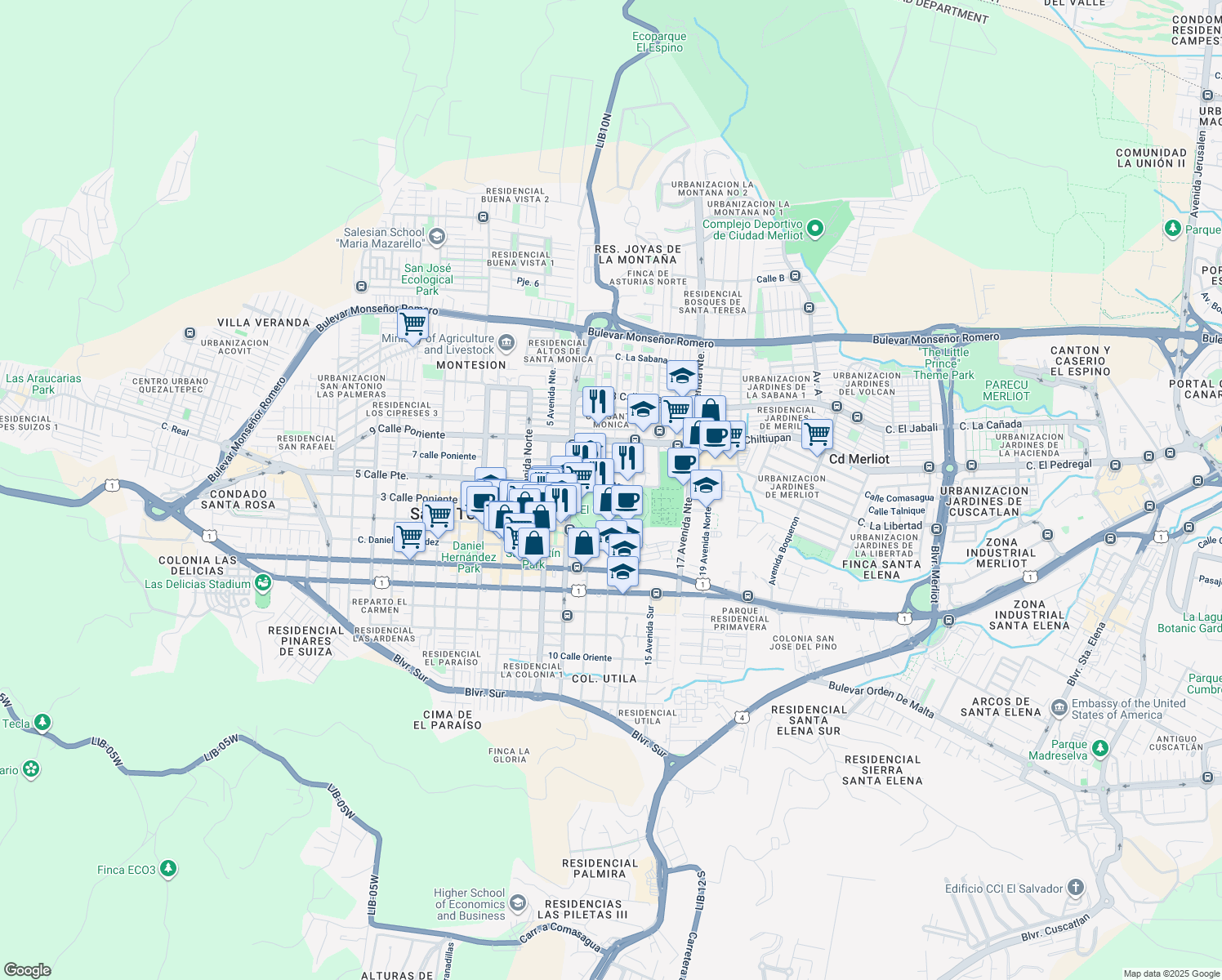 map of restaurants, bars, coffee shops, grocery stores, and more near Pista atletica Cafetalon in Santa Tecla