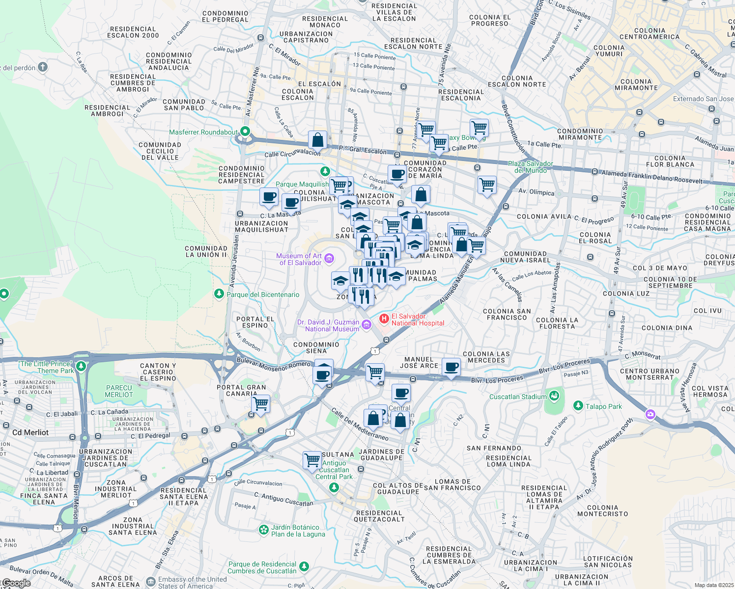 map of restaurants, bars, coffee shops, grocery stores, and more near 311 Bulevar Del Hipodromo in San Salvador