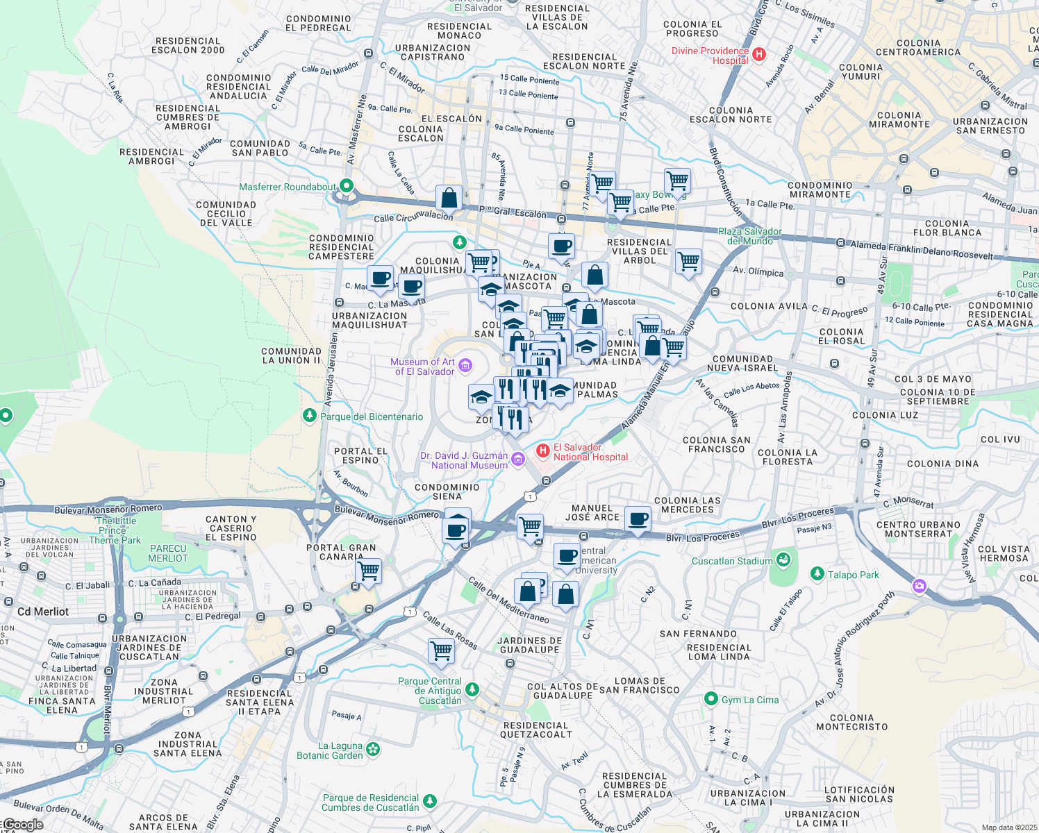 map of restaurants, bars, coffee shops, grocery stores, and more near 311 Bulevar Del Hipodromo in San Salvador