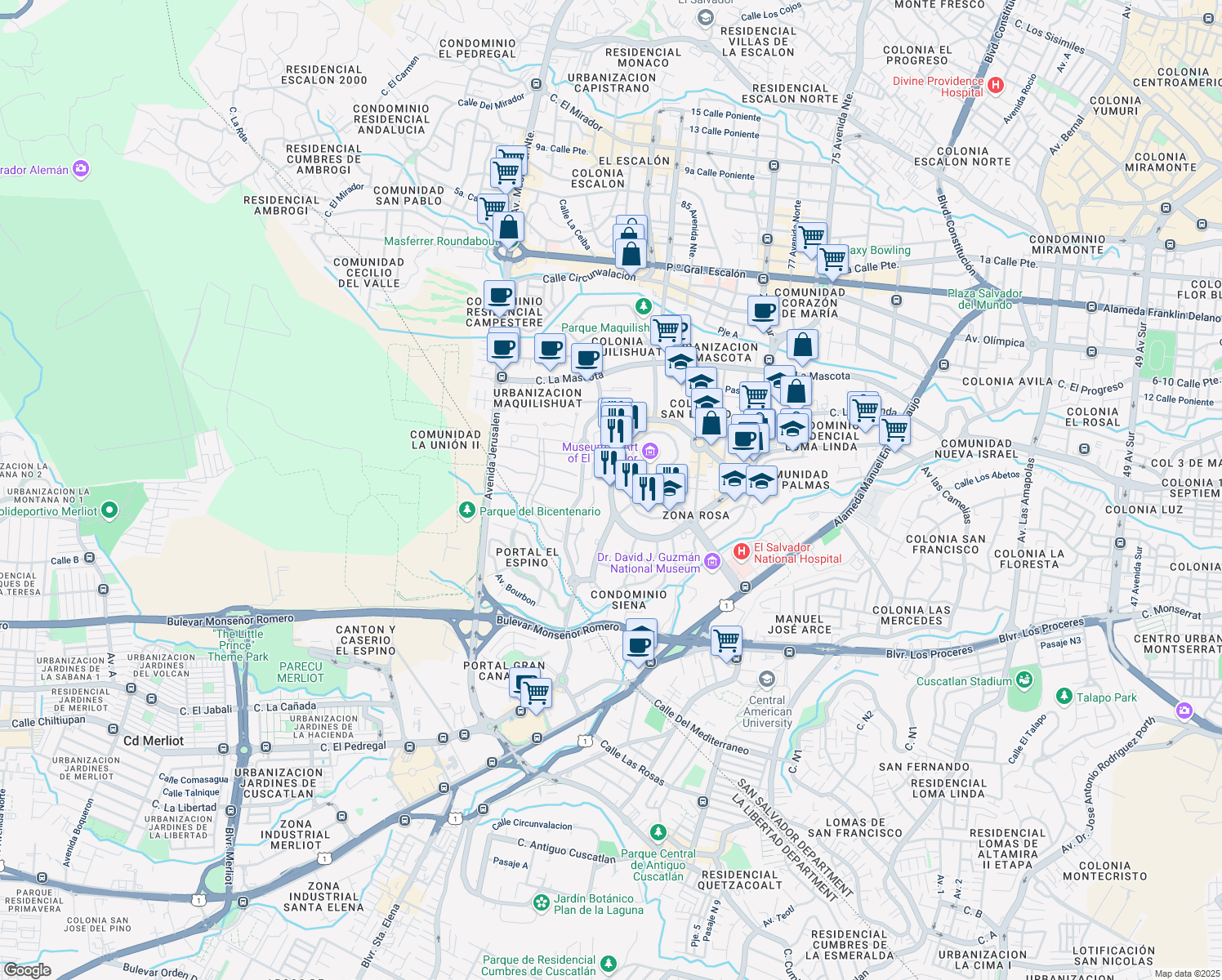map of restaurants, bars, coffee shops, grocery stores, and more near Bulevar Del Hipodromo in San Salvador