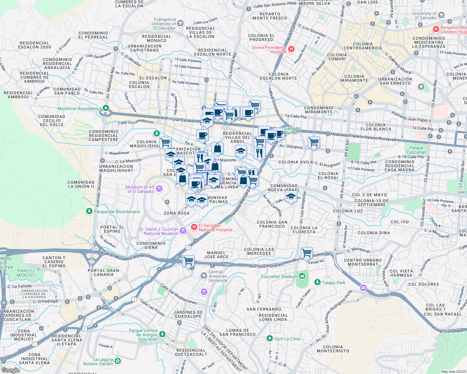 map of restaurants, bars, coffee shops, grocery stores, and more near 130 Calle La Reforma in San Salvador