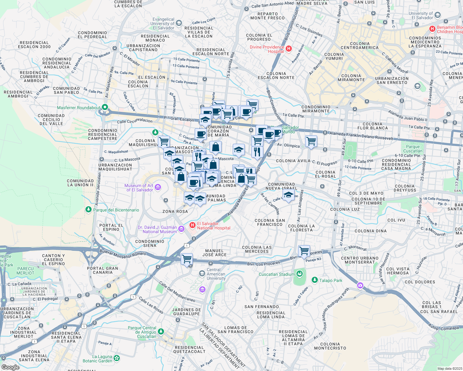 map of restaurants, bars, coffee shops, grocery stores, and more near 130 Calle La Reforma in San Salvador
