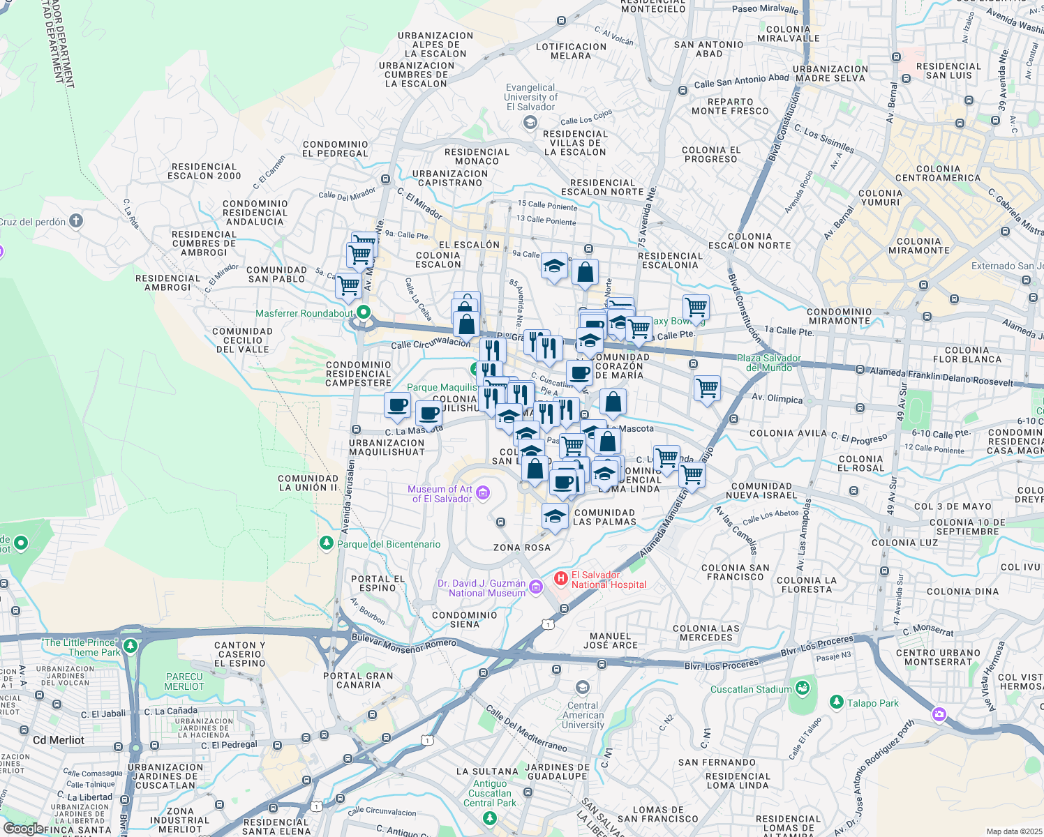 map of restaurants, bars, coffee shops, grocery stores, and more near Calle La Mascota in San Salvador